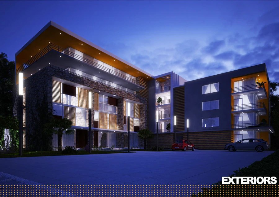 Exterior render at dusk: the same stone-and-timber blocks glowing from interior and post-top lights against a deep blue sky, EXTERIORS captioned in white over a dotted orange strip at the foot.