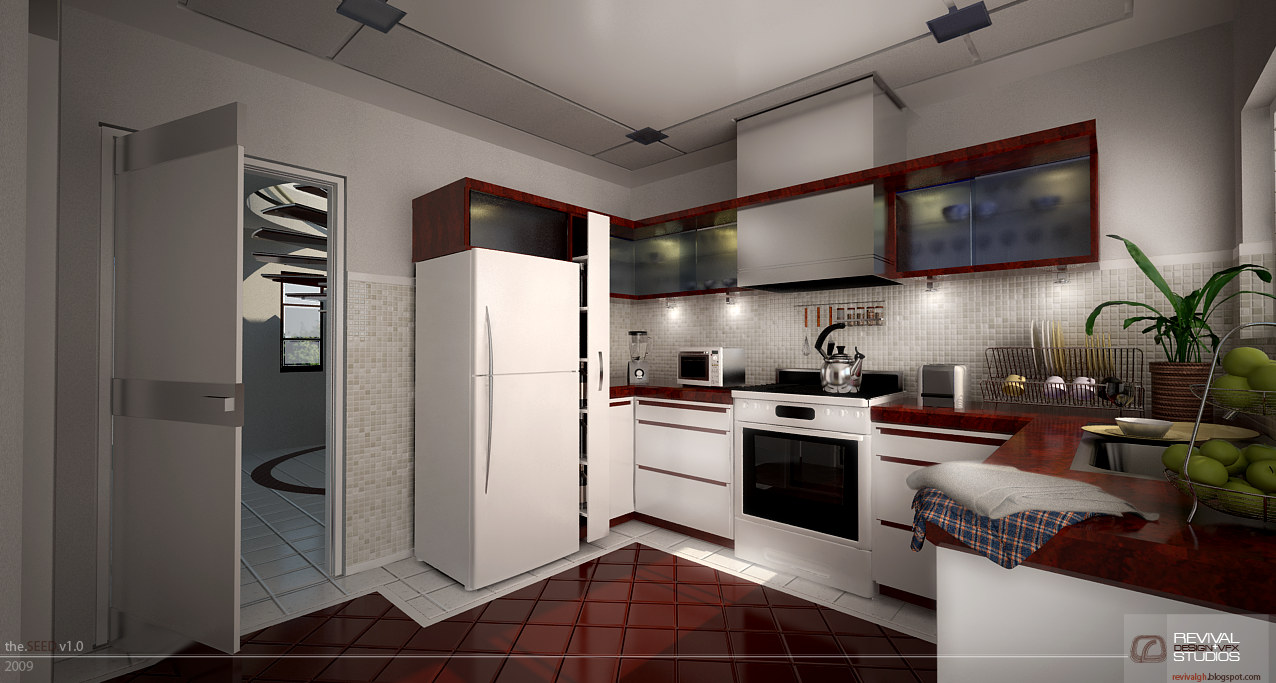 A rendered kitchen in white and dark cherry: a tall white fridge stands beside a run of glossy red base units and wall cabinets with frosted glass fronts, a white hob and oven sit under a slim extractor against a small-square mosaic splashback lit by under-cabinet lights, the floor is laid in dark red tiles, and an open door at the left looks through to the spiral stair beyond.