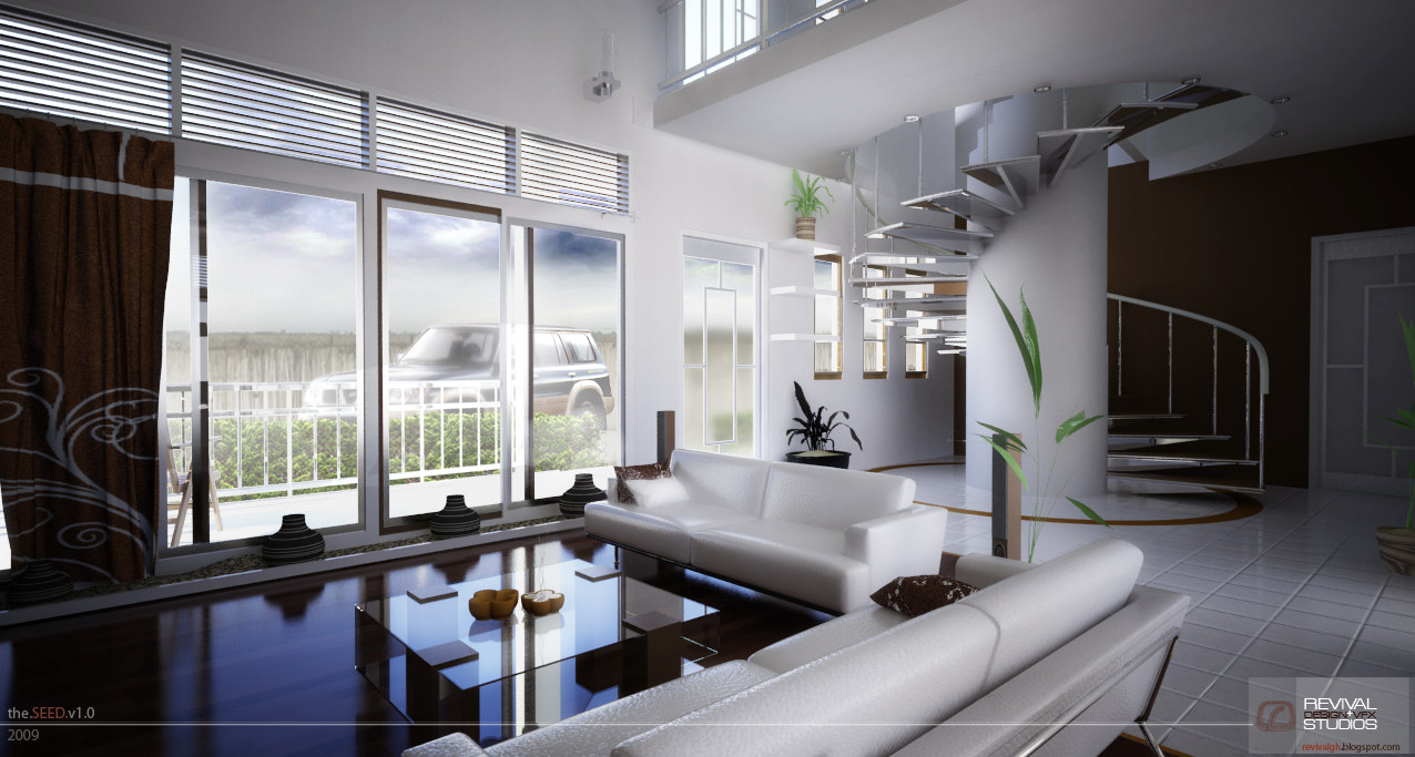 A rendered entrance lobby doubling as a sitting room: two white sofas face each other on a glossy dark floor that mirrors the full-height glazing, a white spiral stair with an open-riser helix rises at the right, louvre vents run along the top of the windows, and a car is visible on the terrace outside.