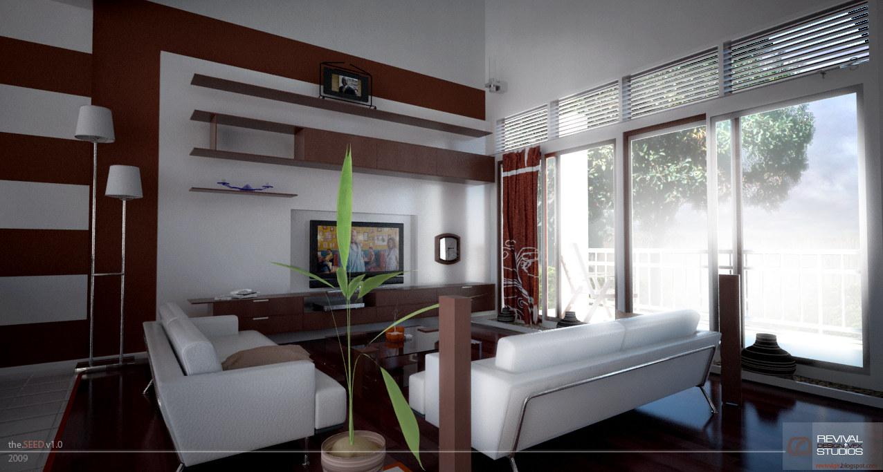 The living room seen along its seating group: two white sofas and a low glass table sit on a polished dark floor against a media wall of dark timber shelves with a television inset, two slim floor lamps stand at either end, and a wall of tall windows with louvres and patterned red curtains looks out onto a balcony with a potted palm in the foreground.