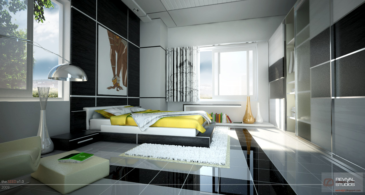 The bedroom, built around a low platform bed dressed in yellow and white: a black panelled wall behind it carries a large figure painting, a chrome arc lamp sweeps in from the left, the floor is high-gloss grey tile with a white shag rug, and a full-height mirrored wardrobe wall runs down the right side under two bright windows.