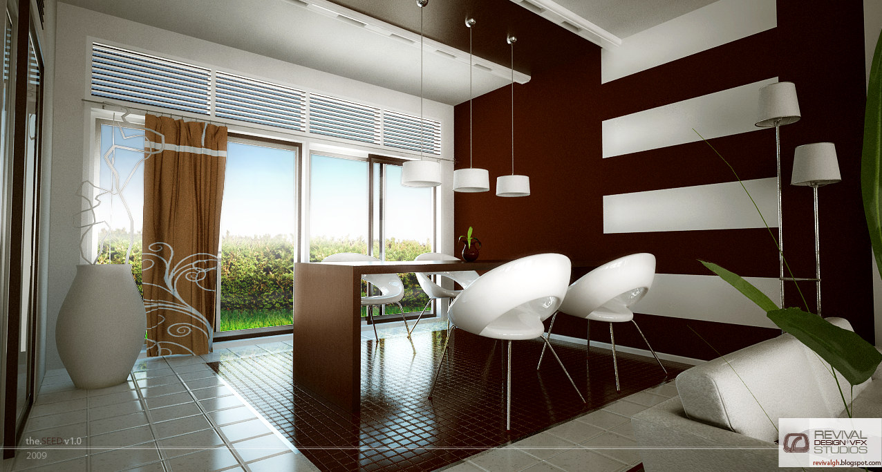 The dining room: a rectangular timber table with four white sculptural shell chairs stands under three drum pendant lights on a dark tiled floor with a red runner, a deep red wall banded with white panels closes the right side, and full-height glazing with louvres and patterned curtains looks onto a planted terrace, with a large pale floor vase at the left.