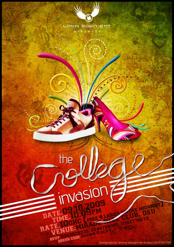 A promotional event poster shows pink high-top trainers with magenta, cyan and green swirls erupting above them against a textured gold-to-red background. White script reads the College invasion, and a red block lists the date, 10pm time and Mirage Club Osu venue.