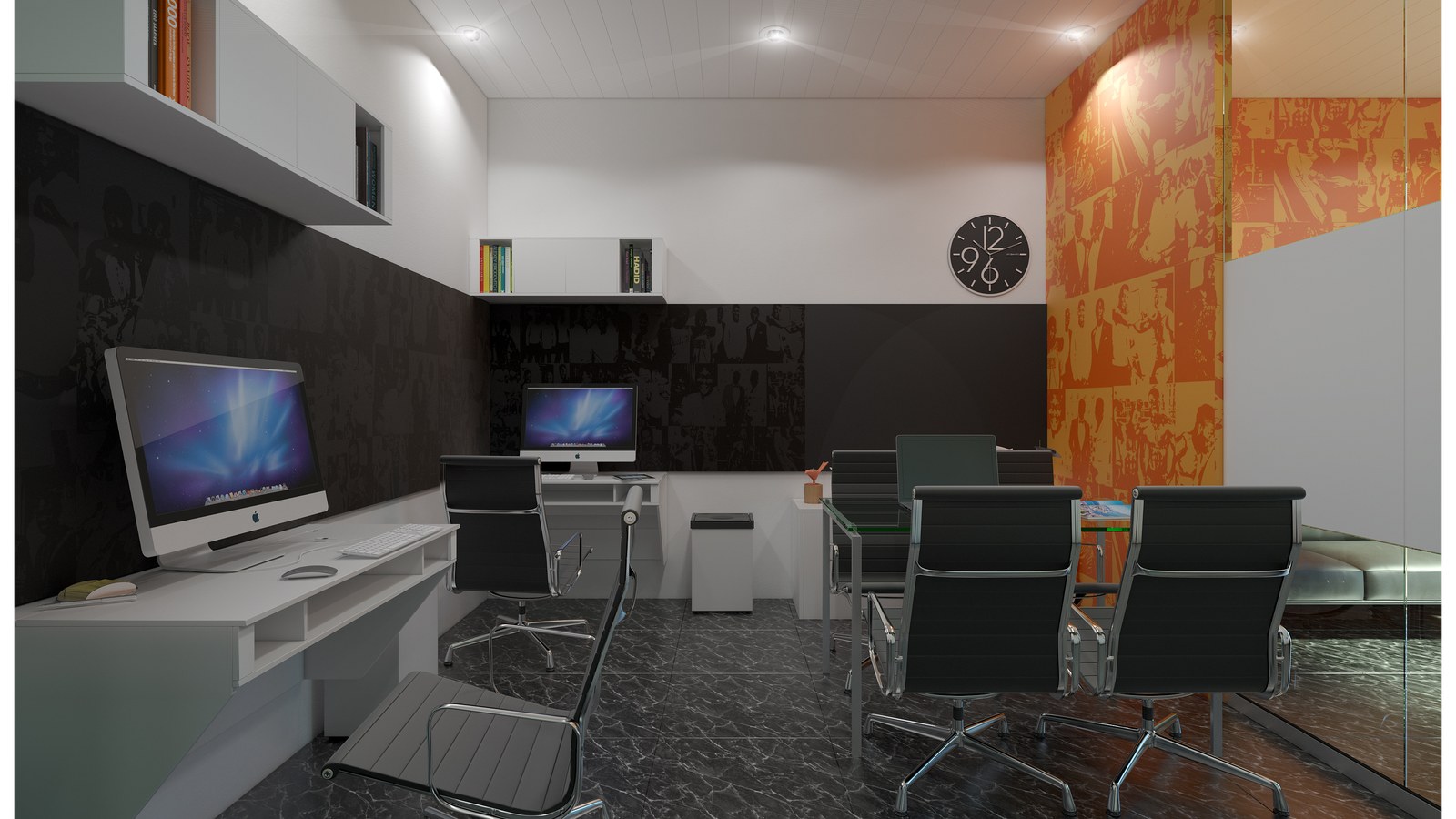 The office seen along its workstation run: an all-in-one computer on a long white desk beneath white floating cabinets and a dark photographic wainscot, a chrome-framed task chair drawn out over a dark marble floor, a second workstation and an oversized wall clock on the far wall, and a glass-topped meeting table ringed with black chairs before an orange photo-collage feature wall
