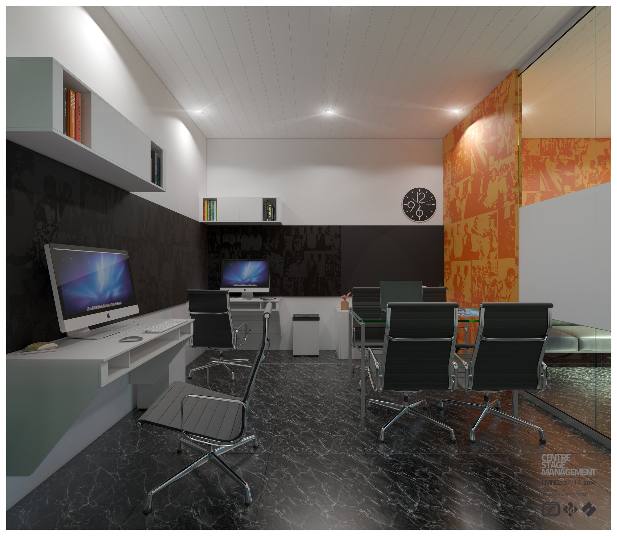 CSM - the open office: workstation run and glass meeting table before an orange photo-collage wall