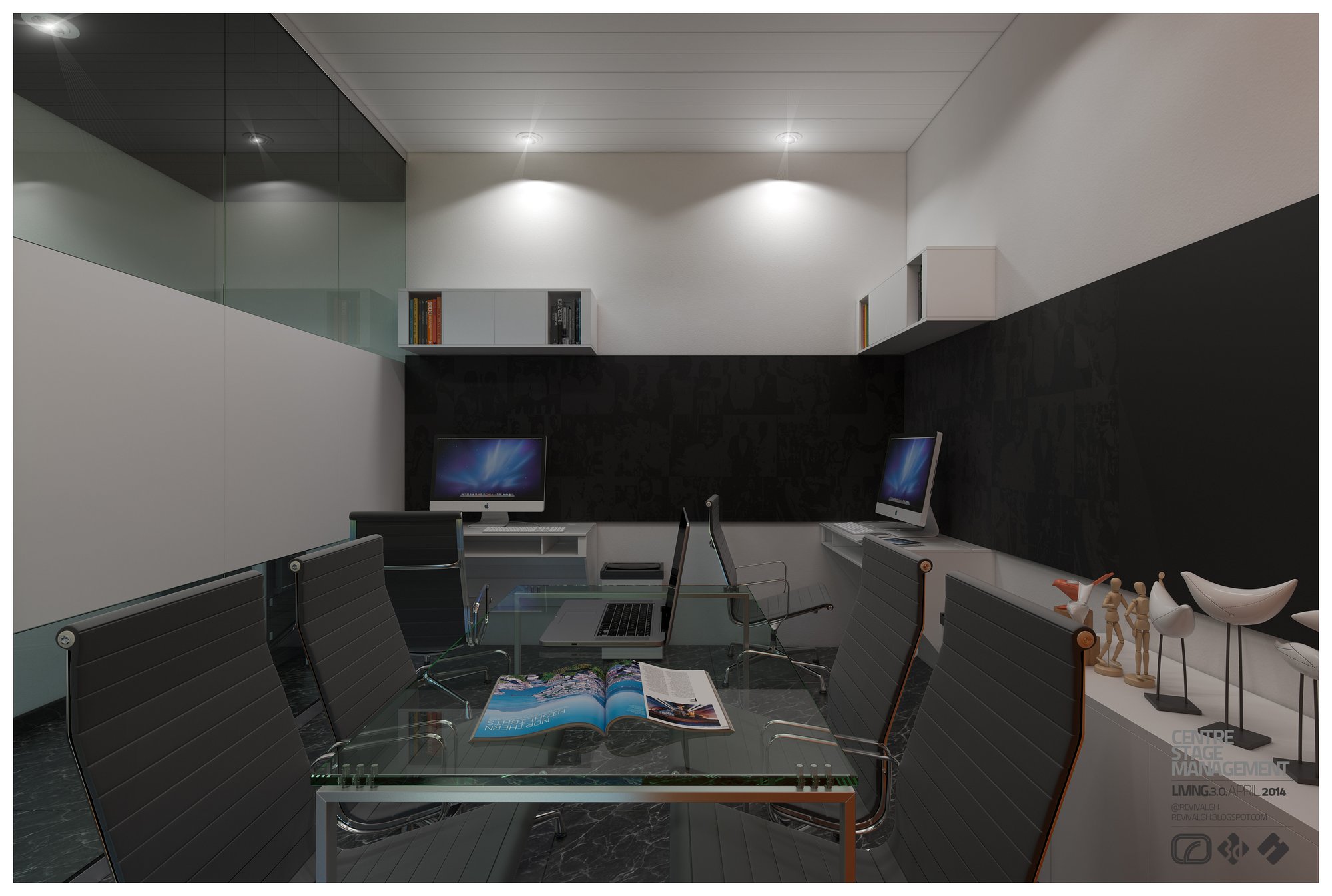 The meeting space from inside: a glass-topped table on chrome legs ringed with black ribbed chairs and an open magazine, two workstations beyond against dark panelled walls under white cabinets, and a low white sideboard carrying wooden mannequin figures and a sculpture at the right