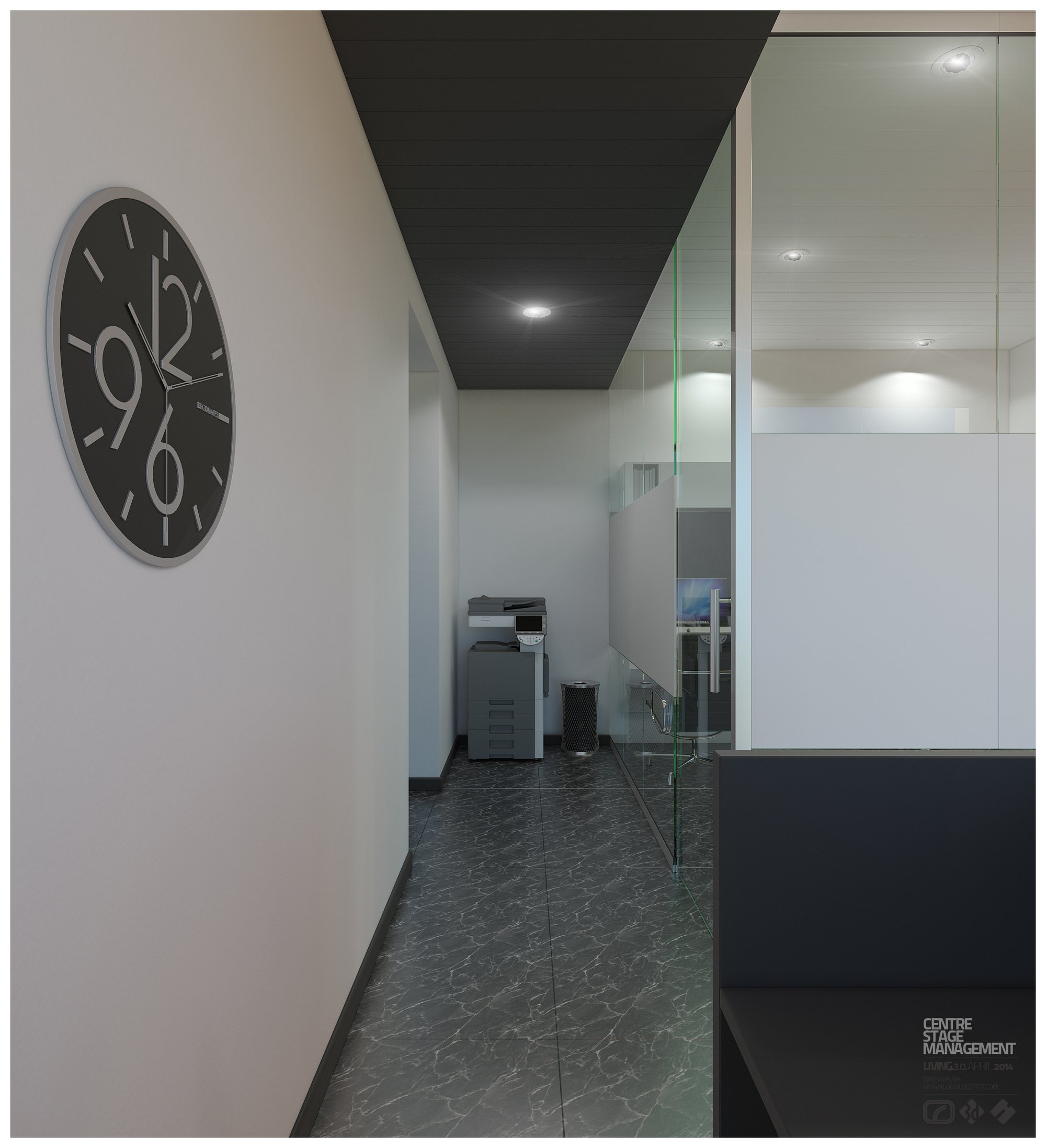 The corridor: an oversized dark wall clock lettered only at the twelve, nine and six on a pale wall, a black ceiling baffle studded with downlights running toward a copier at the far end, grey marble floor tiles, and a frosted-band glass partition looking into the office