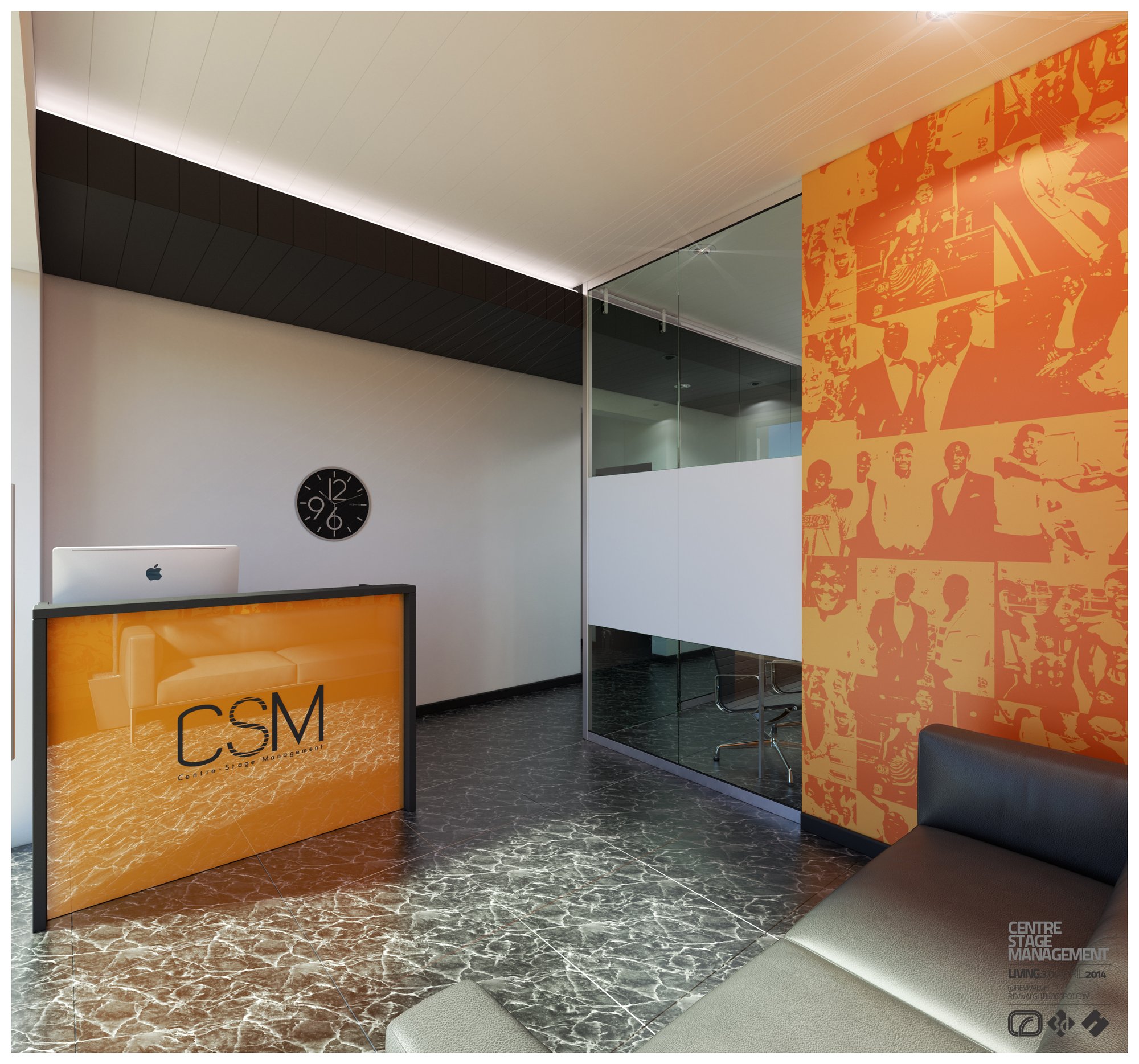 The reception: a desk with an internally lit orange front lettered CSM and an all-in-one computer on its counter, an oversized clock on the pale wall behind, a glass-walled meeting room at the centre, a full-height orange photo-collage mural at the right and the corner of a dark leather sofa in the foreground