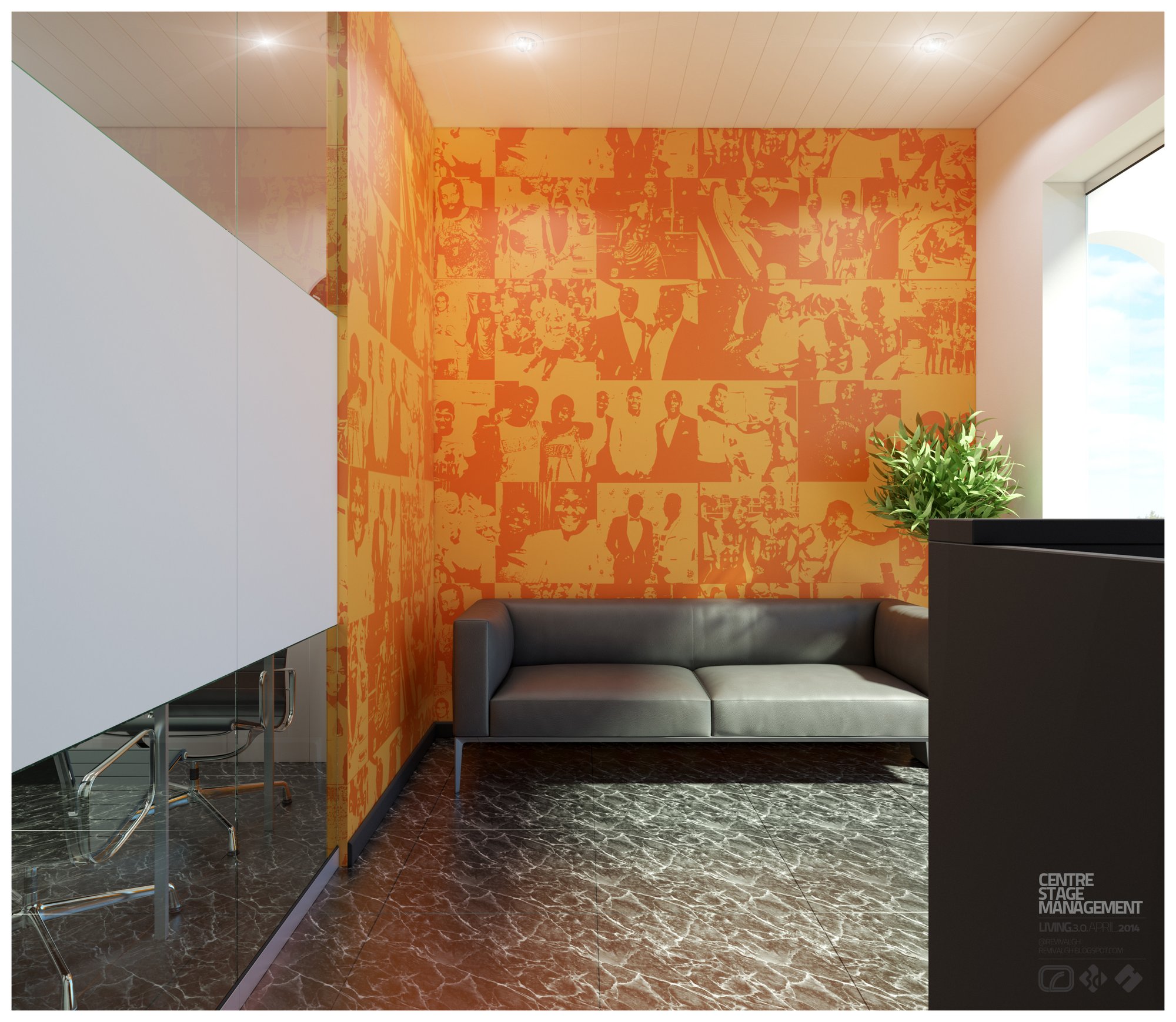 The waiting corner: a two-seat grey leather sofa set against a full-height wall of archival photographs overprinted in orange duotone, a tall planter of green at the right, dark marble floor, and a frosted-band glass partition with the meeting chairs visible beyond