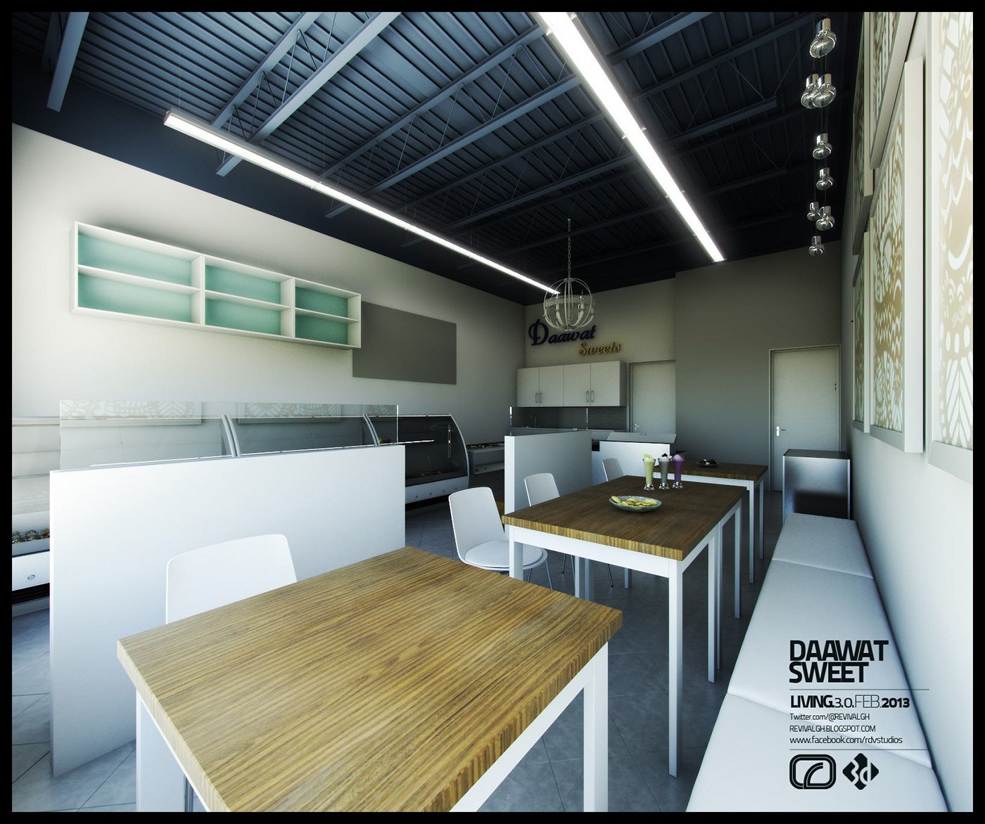 A rendered interior view of a sweet shop seating area, with wooden tables and white chairs on pale tile, low white counters and glass display cases along the left, an exposed black ceiling with linear strip lighting, and gold patterned panels on the right wall.