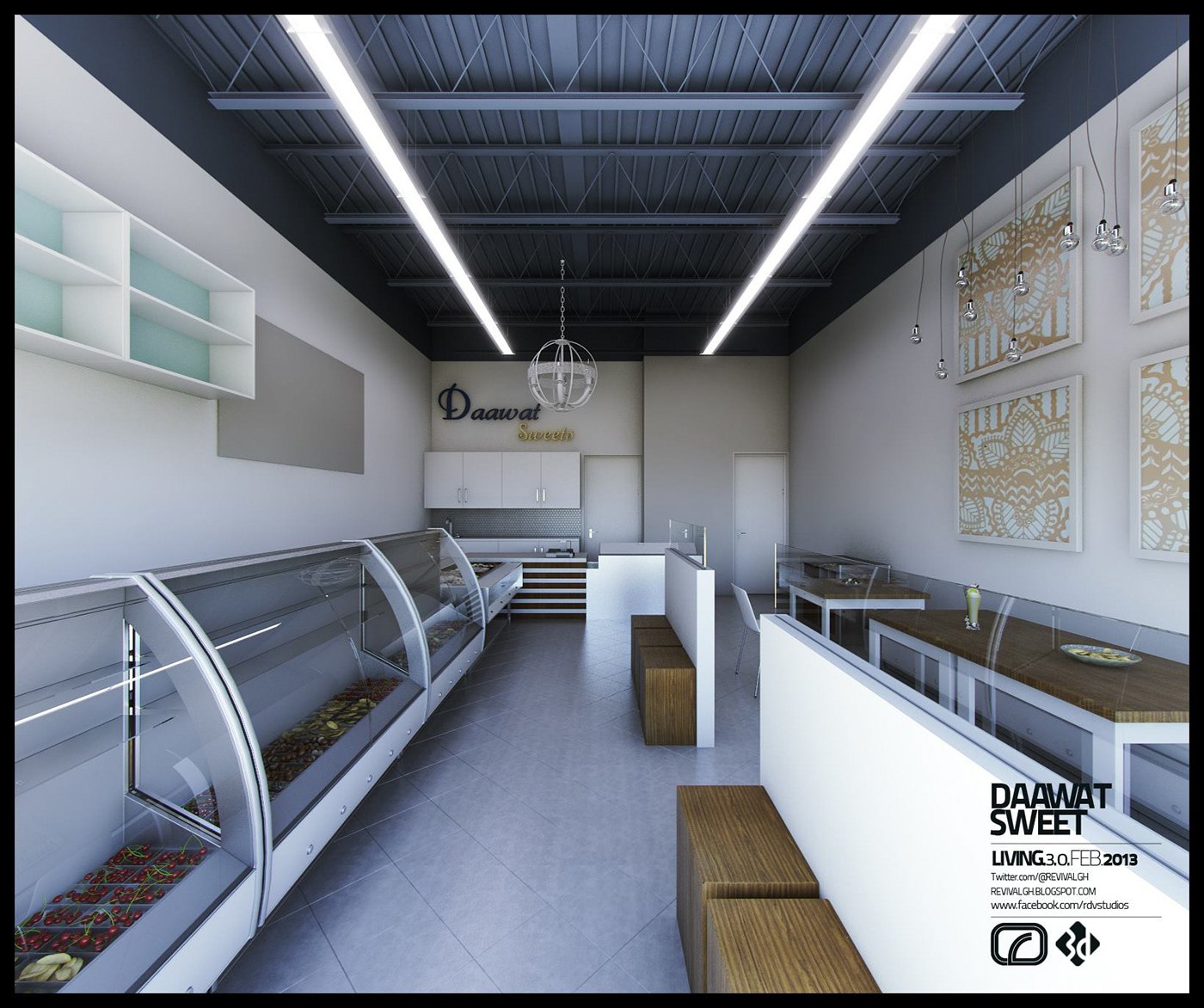 A rendered view down the shop&rsquo;s central aisle, flanked by low white counters with curved refrigerated glass display cases holding trays of sweets, wooden bench seats, a pale tile floor, an exposed dark ceiling with continuous linear lights, and gold panels above the right counter.