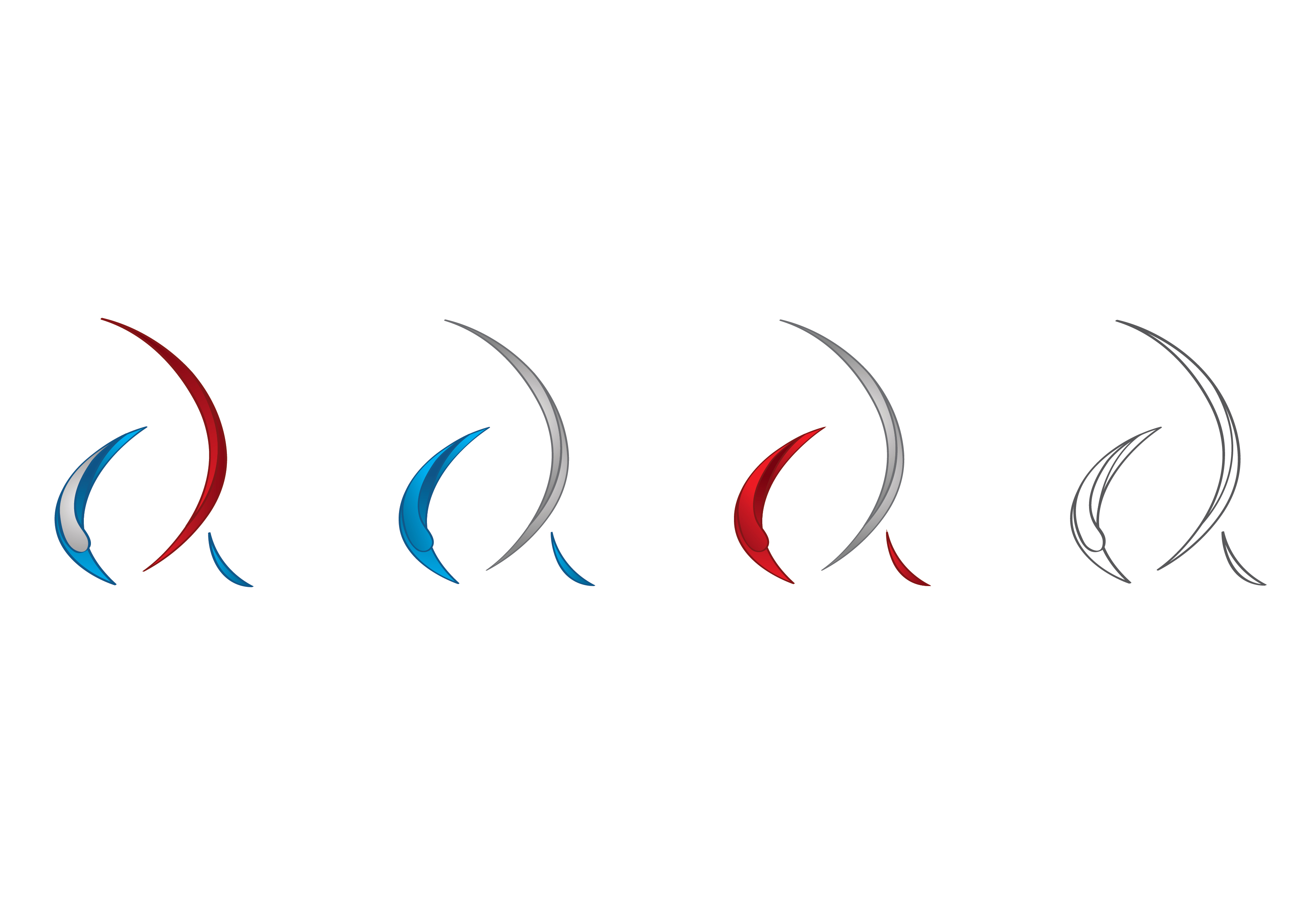 Four early routes of the mark on white: the strokes swept almost full circle and taken through crimson, cobalt and silver in three combinations, and again as a plain outline