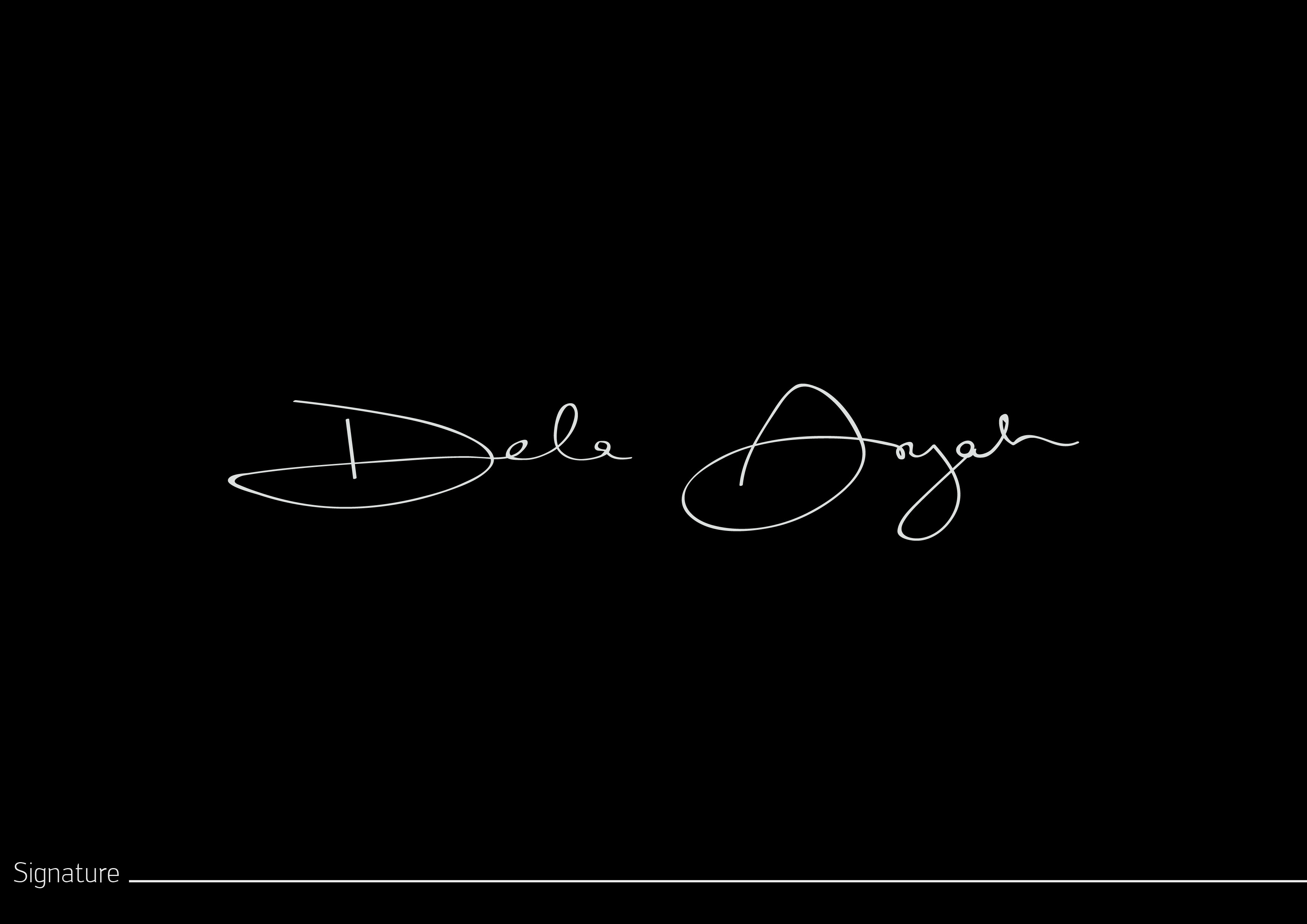 A board captioned Signature: the hand-written logotype drawn in a single white line on black