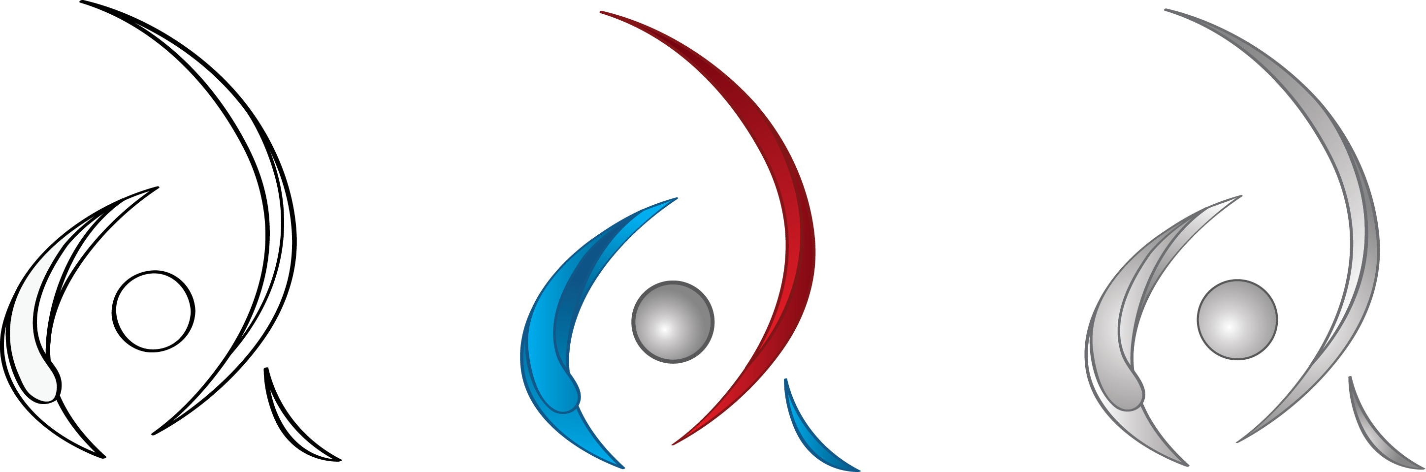 Three further routes with a sphere set into the opening the strokes leave, shown as black outline, in crimson and cobalt with a grey ball, and in silver