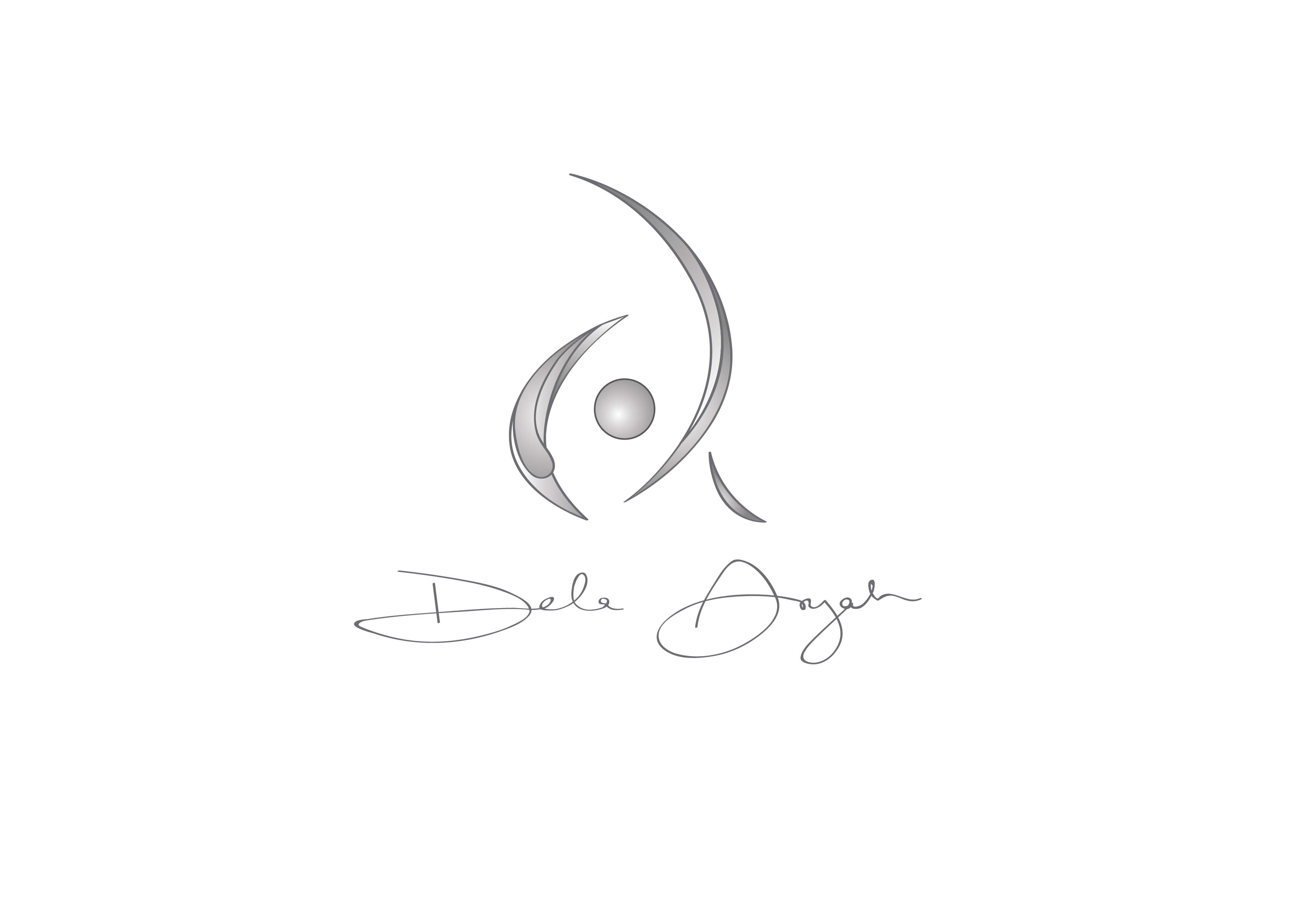 The first stacked lockup: the closed mark reduced to grey, its central sphere still in place, set above the hand-written signature drawn in a single thin line