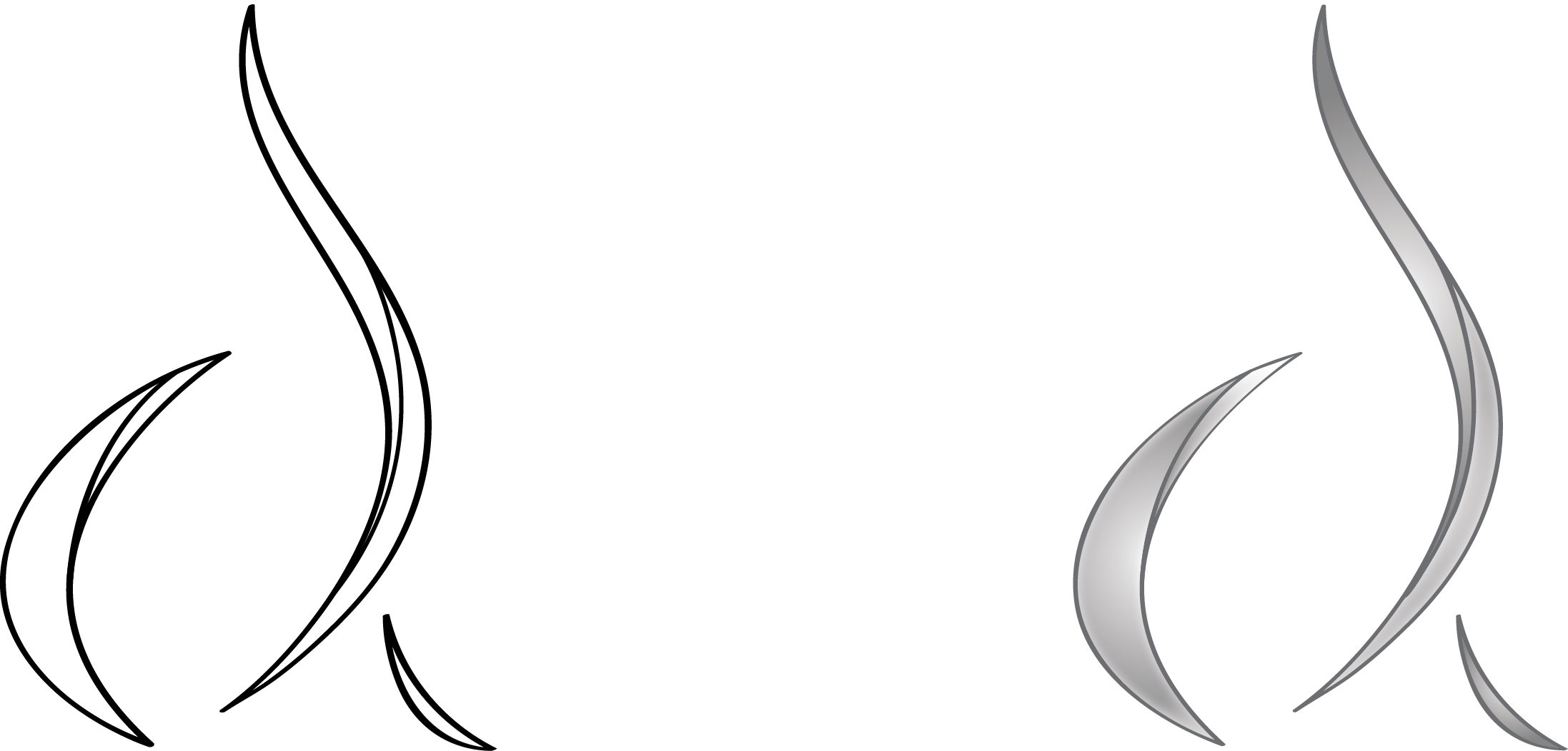The opened mark shown twice on one sheet, once as a black outline and once filled in silver, with the enclosing sweep removed