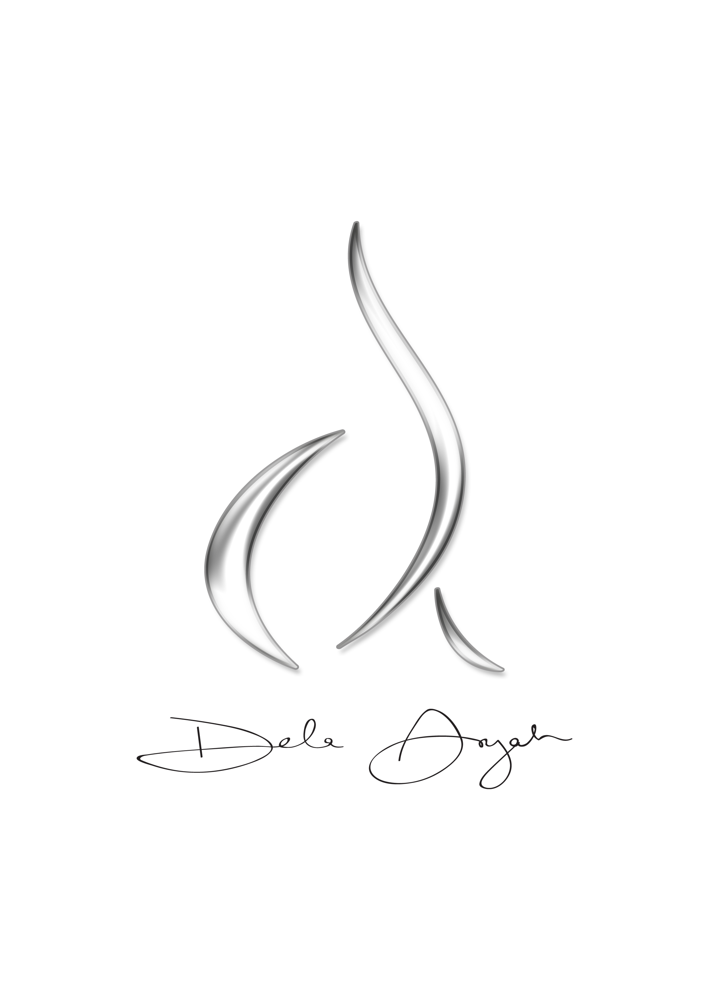 The final lockup on a portrait sheet: the chrome mark above the signature in black ink, on white