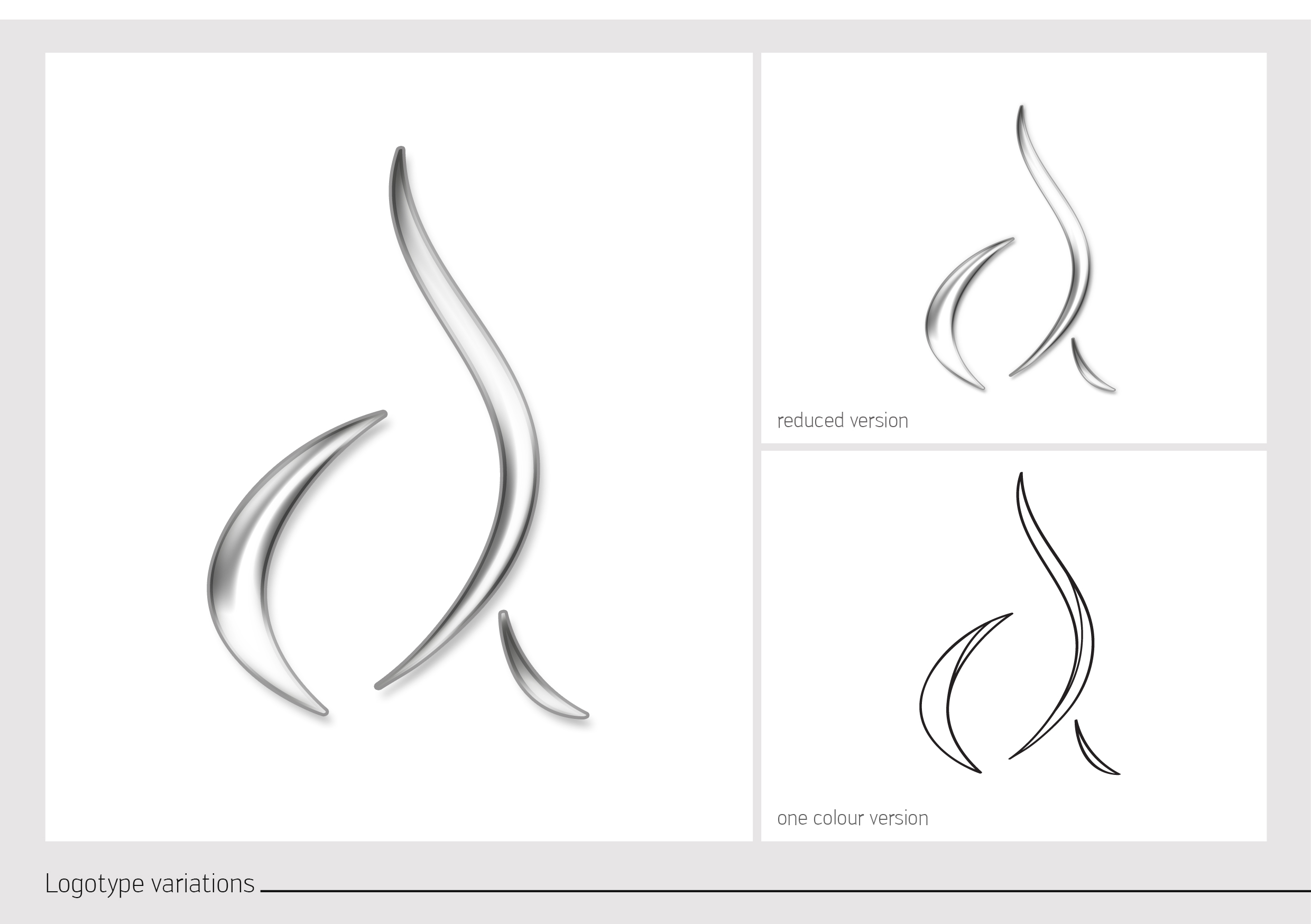 A board captioned Logotype variations: the silver mark at large size beside two panels labelled reduced version and one colour version