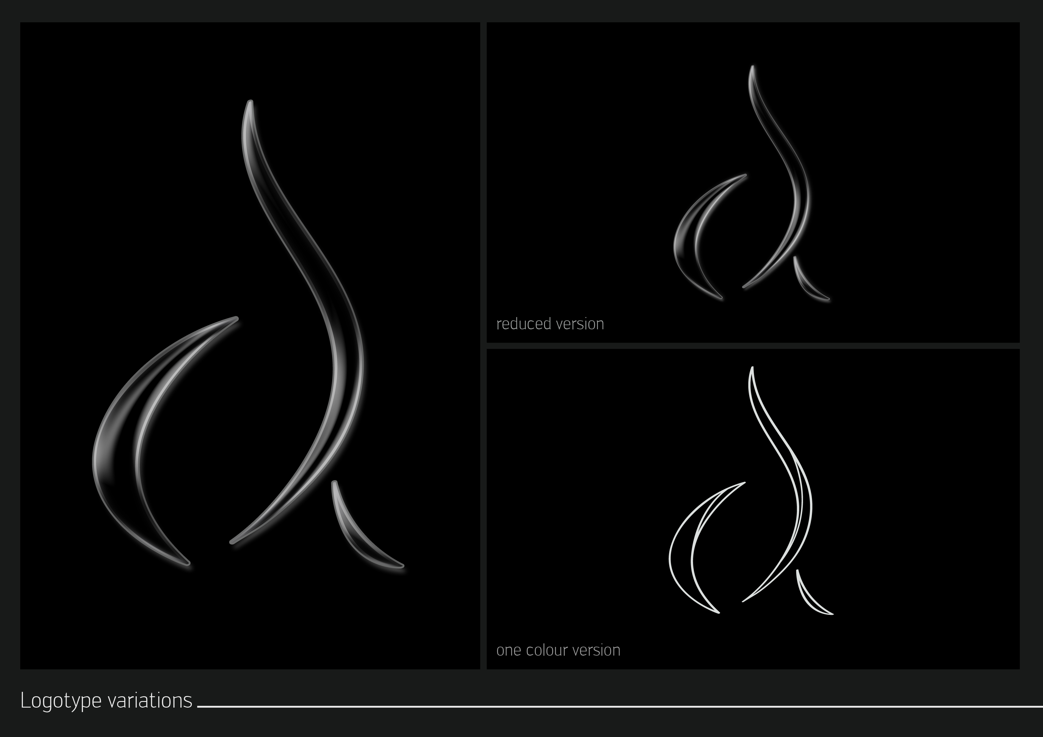 The same Logotype variations board reversed: chrome marks on black panels, the labels set in grey