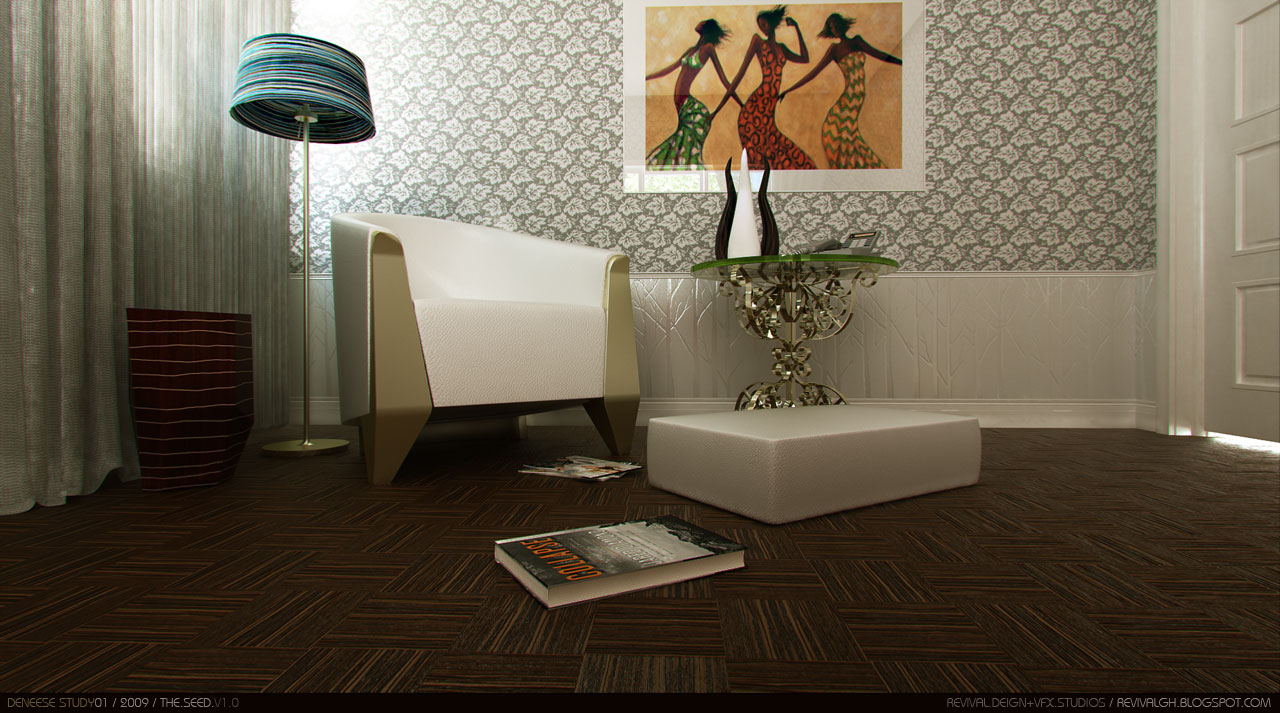 A study or sitting room rendered at floor level: a low white leather armchair with brass-sided panels faces a square white pouf, beside an ornate chrome console with a glass top carrying sculptural vases. A drum floor lamp striped in blue and turquoise stands on a brass stem at the left near a tall ribbed maroon planter and a full-height curtain. Grey damask wallpaper over a white textured dado carries a framed painting of three dancing women in bright wrappers, and the dark parquet floor is laid in small squares with a large book and a stack of magazines dropped on it.
