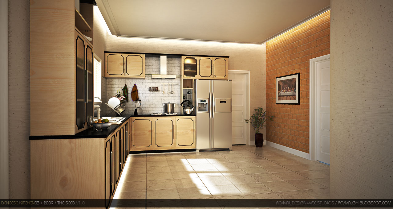 The kitchen in its orange scheme: an L-run of pale maple cabinetry with black trim and black worktops, a stainless side-by-side refrigerator at the end, a white brick splashback with a canopy hood, hung utensils and a lit display niche. Sunlight pools on a pale tile floor. The right-hand wall is exposed orange brick lit from a ceiling cove, hung with a framed print, with a potted plant at its base and a white door beyond.