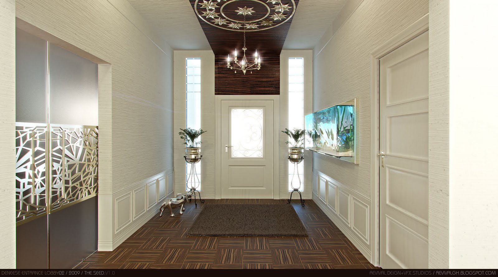 An entrance lobby drawn in symmetry: a white panelled front door with etched glass at the far end, flanked by two tall narrow slot windows and a pair of ferns on ornate stands, with a dark shaggy rug on parquet between them. Pale textured walls carry white panelled dadoes; a wall-mounted aquarium glows on the right and a mirror with an etched geometric screen on the left. Above the door a dark wood ceiling panel set with gilded stars holds a small chandelier.