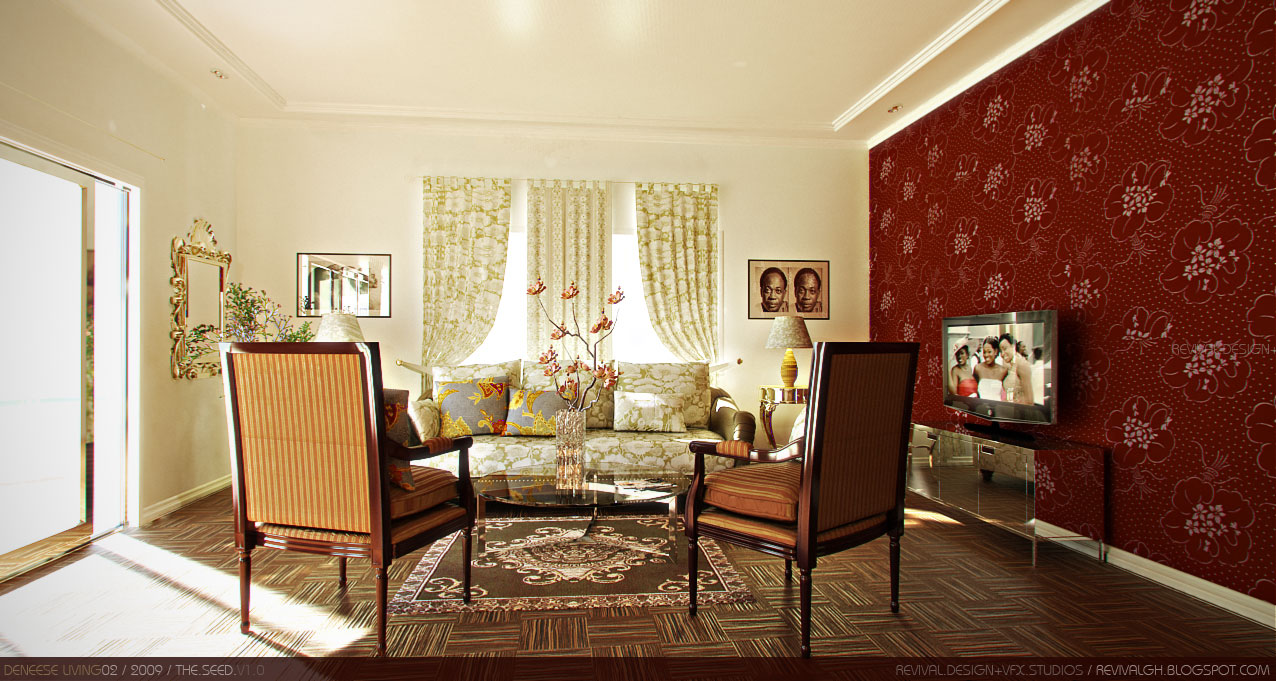 A living room in daylight: a cream sofa dressed with patterned cushions sits under swagged curtains at the far end, faced across a glass-topped table and an ornate rug by two high-back armchairs striped in orange with dark wood frames. A deep red floral wallpaper wall on the right carries a flat television above a mirrored console; the cream walls hold a gilded mirror and a pair of framed portraits, and strong light enters from a glazed door at the left across the parquet floor.