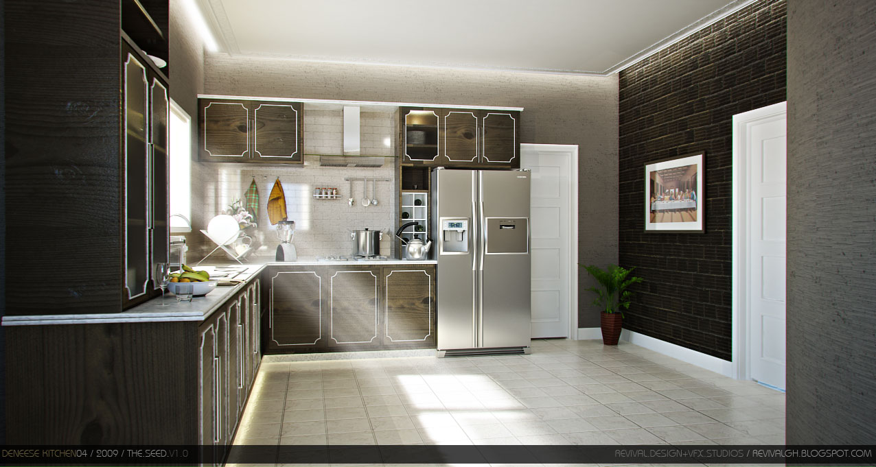 The same kitchen from the same angle, restyled in the brown scheme: dark walnut cabinets edged with pale pinstriping under white stone worktops, the same stainless side-by-side refrigerator, white brick splashback, canopy hood and hung utensils. The feature wall is now dark brown brick, the flanking walls a grey textured finish, and the framed print, potted plant and pooled sunlight on the pale tile floor are unchanged.