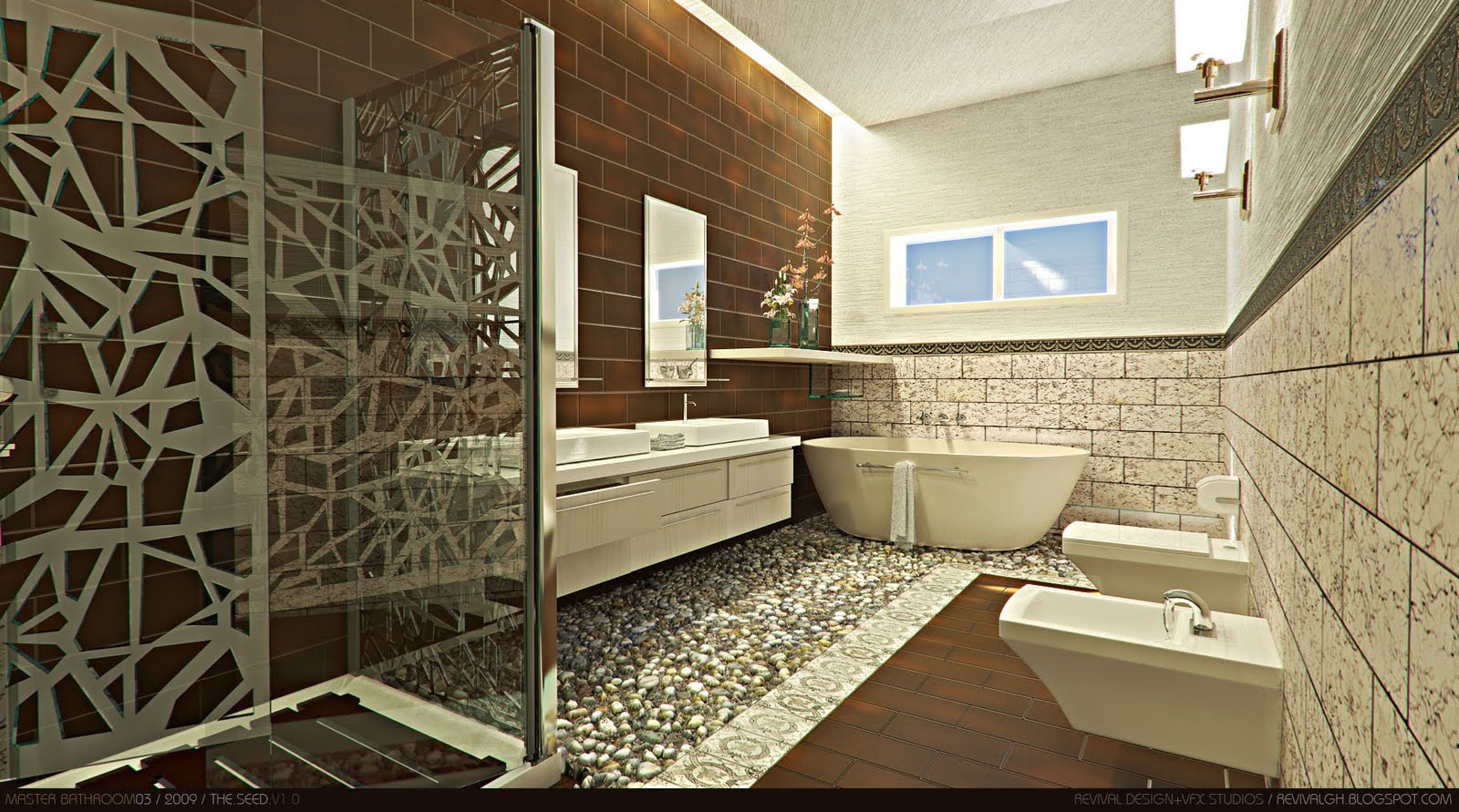 A master bathroom: a floor-to-ceiling wall of glossy brown tiles carries two rectangular basins on a white floating vanity beneath two mirrors, while a freestanding cream oval tub sits under a wide horizontal window at the far end. The floor is a bed of smooth river pebbles crossed by a stone runner. An etched geometric screen partitions the left, and a wall-hung WC and bidet sit against pale marble-effect tiling bordered with a decorative band on the right.