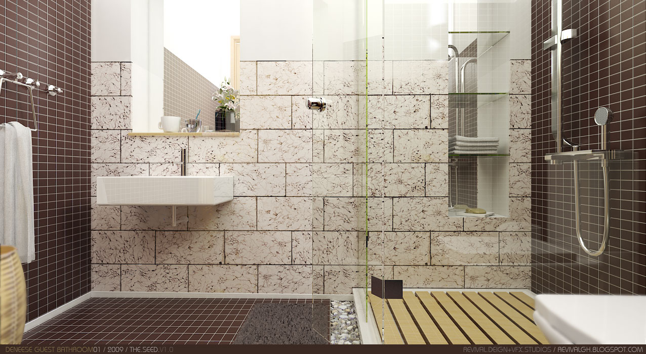 A guest bathroom in dark and pale tile: small brown mosaic covers the side walls and floor, while large marble-effect slabs clad the back wall behind a wall-hung square white basin with a tall chrome tap and a mirror over a glass shelf. To the right a walk-in shower behind a glass screen has a teak-slatted floor edged with pebbles, a chrome shower set and folded towels in a tiled niche, with a grey mat at the threshold.