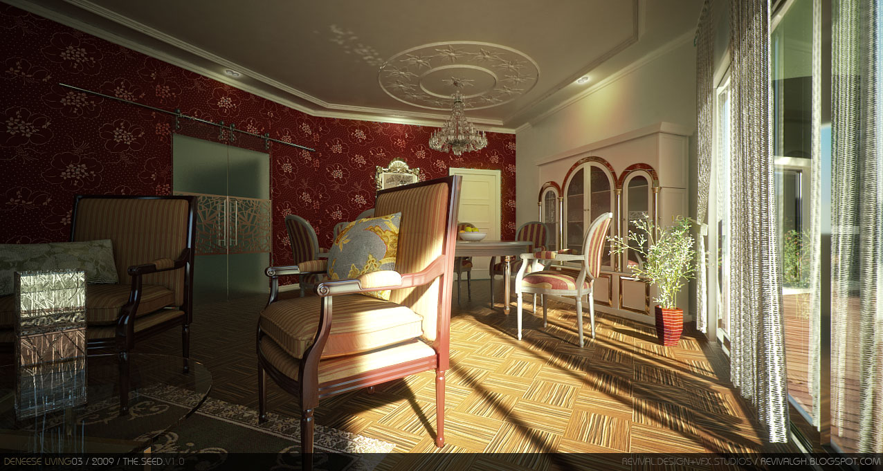 The living room and dining area from the other end in low evening light: the same orange-striped high-back chairs group around a glass table in the foreground, with the deep red floral wallpaper continuing across the far wall above a mirrored sliding screen with an etched geometric panel. Beyond, a dining table and chairs sit beneath a crystal chandelier hung from a plaster ceiling rose, an arched glazed display cabinet closes the right, and long shadows stretch across the parquet from the curtained glazing.