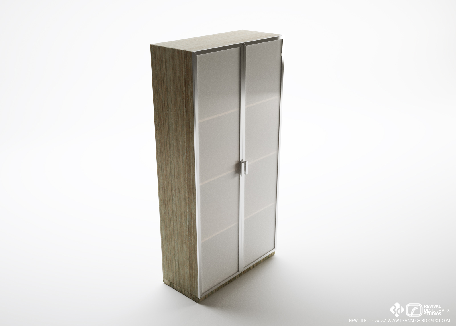 Product visualization of a tall two-door wardrobe on a white ground: pale weathered-timber sides frame two satin doors scored with horizontal grooves and met by slim metal pull handles at the centre, and the unit stands on a low plinth casting a soft shadow.