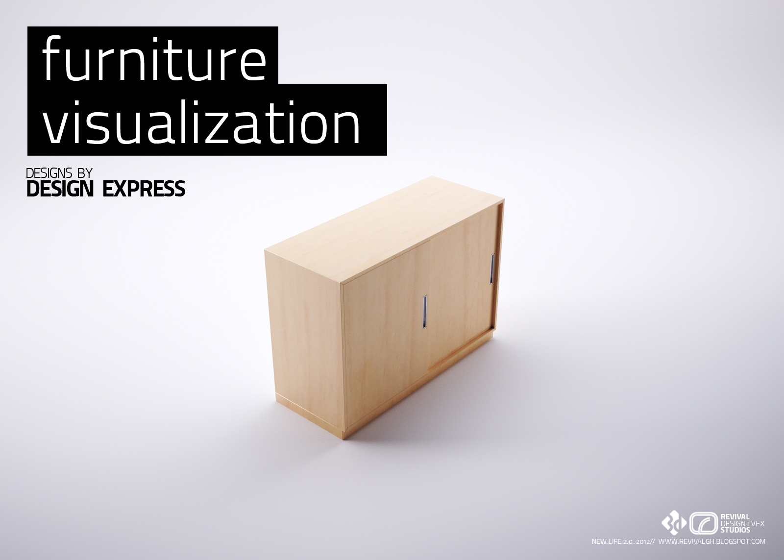 Cover sheet for the set: black blocks lettered furniture visualization sit at the top left over the line DESIGNS BY DESIGN EXPRESS, and a low pale-oak sideboard with two sliding doors and narrow vertical recessed pulls stands at three-quarters on a white ground.
