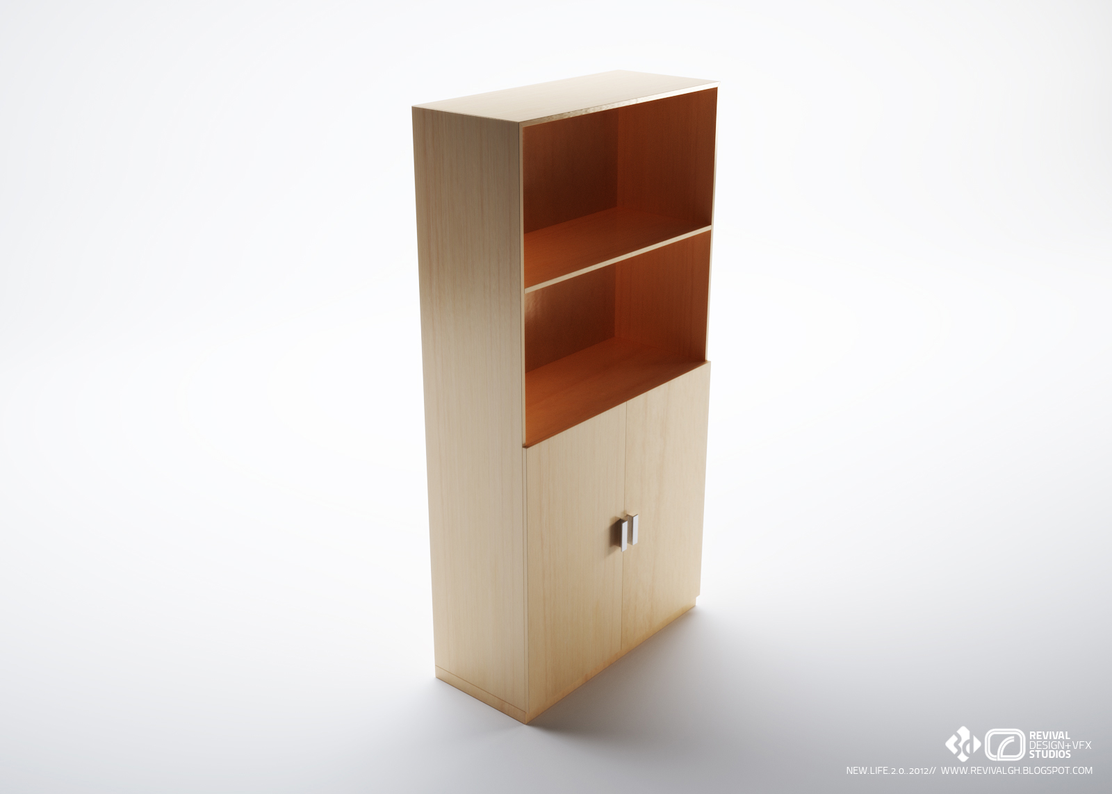 Product visualization of a tall cabinet: the upper half is open shelving in two bays lined in warm orange, and the lower half is a closed two-door cupboard in pale maple with a small chrome handle where the stiles meet.