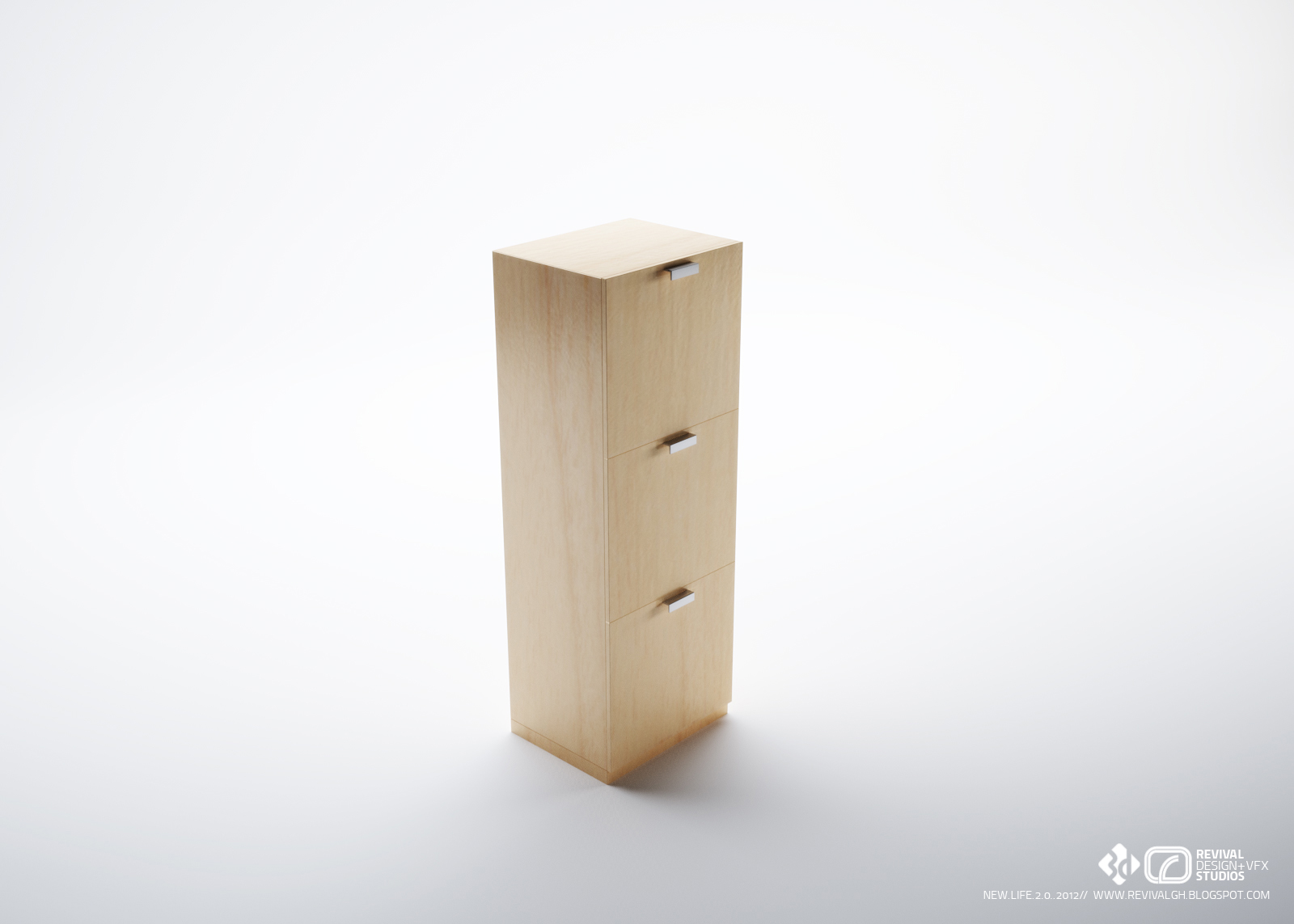 Product visualization of a narrow, tall drawer unit in pale maple: three full-width drawers, each with a small chrome pull centred on its front, seen at three-quarters on a white ground.