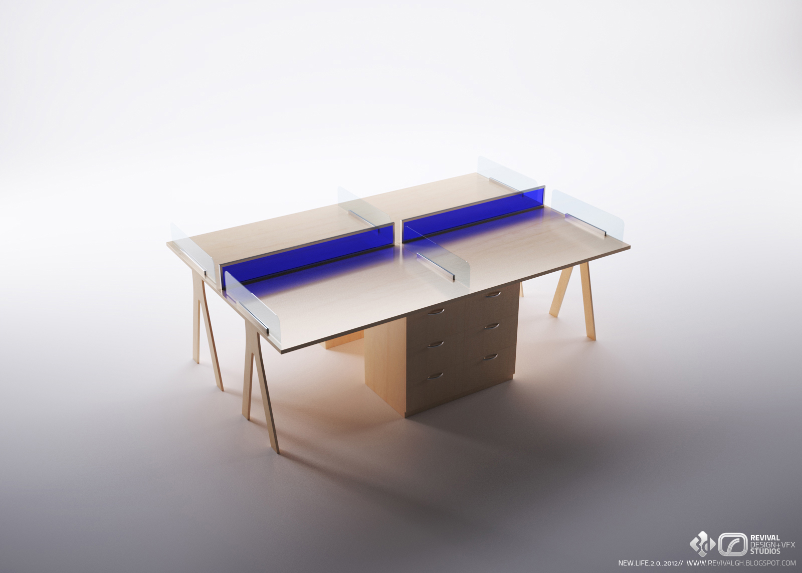 Product visualization of a four-seat bench desk: two pale timber worktops face each other across a blue translucent screen topped by clear privacy panels, carried on splayed light-wood legs at the ends and a four-drawer pedestal in the middle.