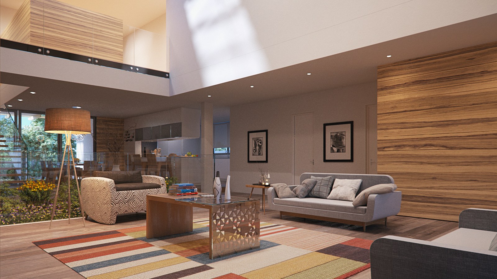 A double-height living room with grey sofas, a diamond-patterned armchair, a glass-topped coffee table on a striped multicolour rug and a timber-clad wall under a mezzanine with a glass balustrade