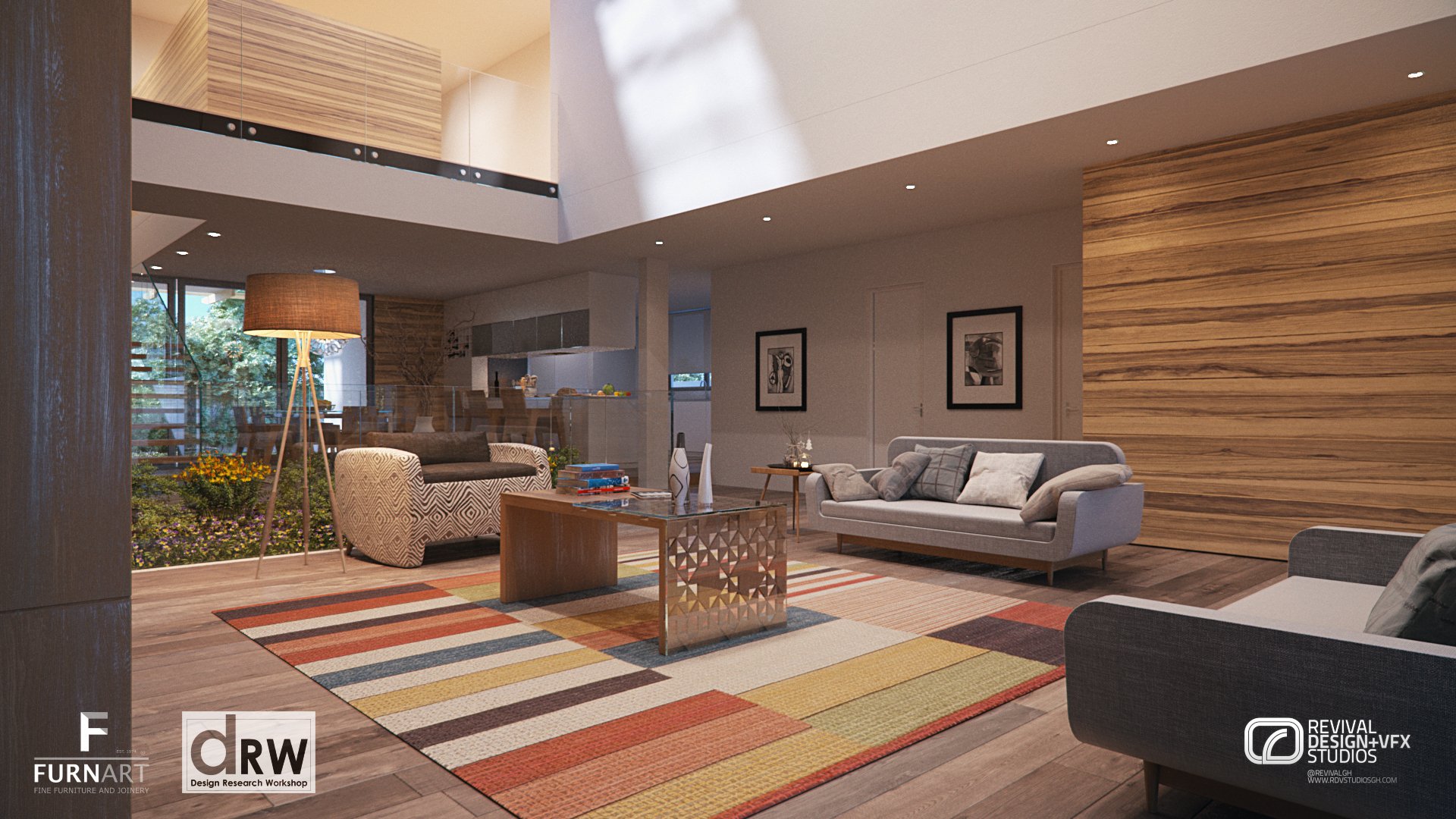 The double-height living room: grey sofas and a diamond-patterned armchair around a glass-topped coffee table on a striped rug, with a tripod floor lamp and a timber-clad wall