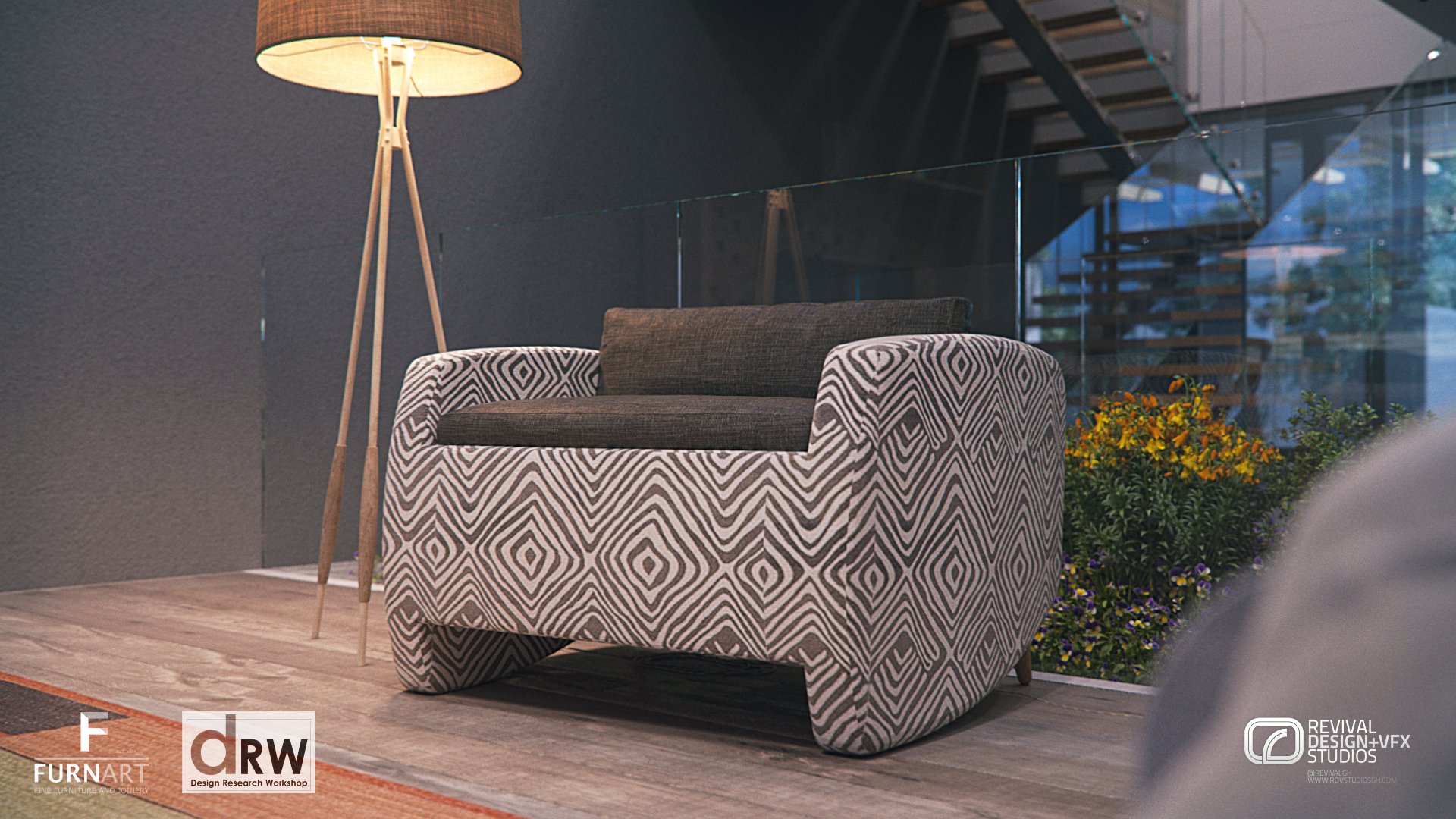 The diamond-weave patterned armchair with a dark cushion beside a tripod floor lamp at dusk, a glazed stair behind