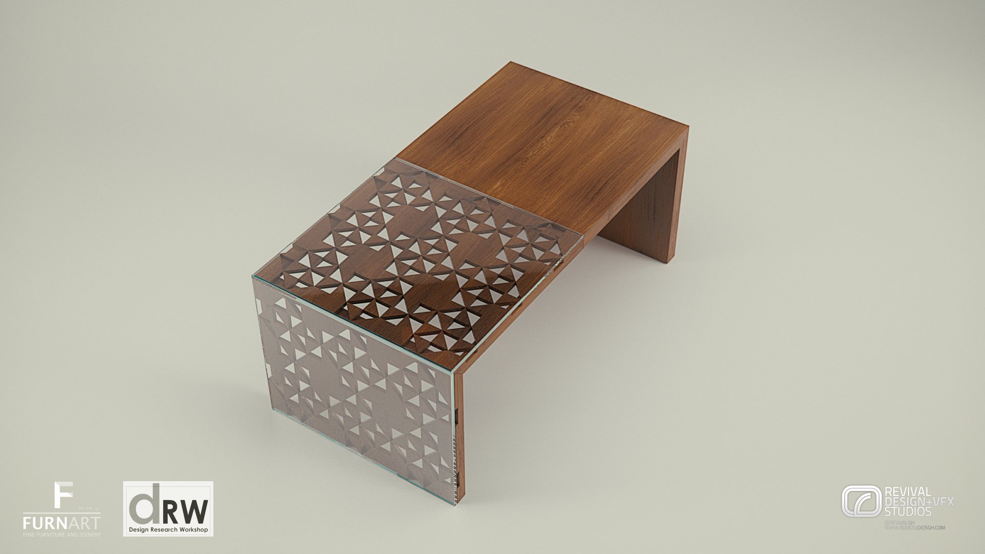 Product study of a low walnut bench whose middle band is pierced patterned metal, on a plain pale ground