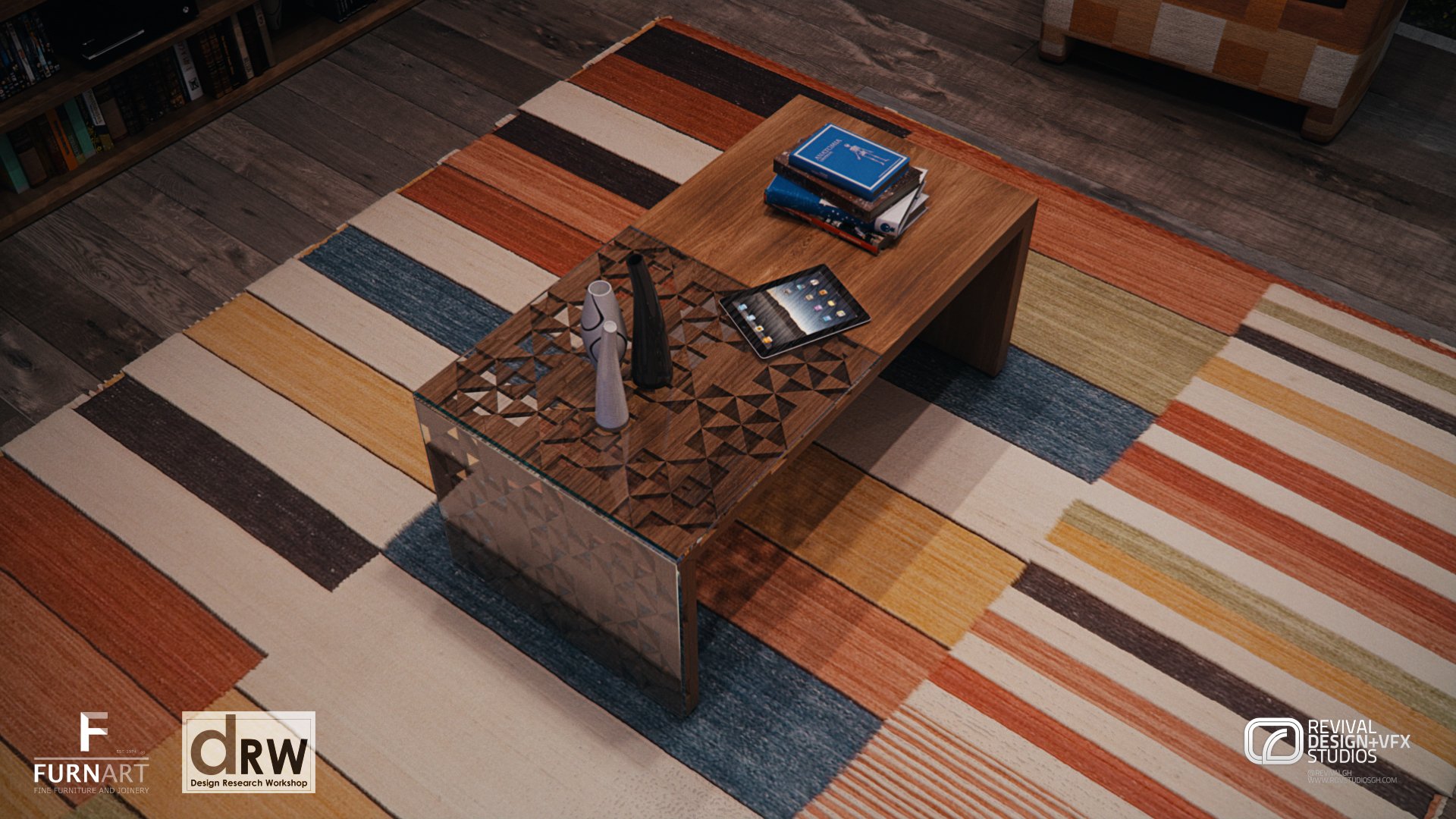 The pierced-metal coffee table with a walnut top seen from above on the striped rug, with books and objects laid on it