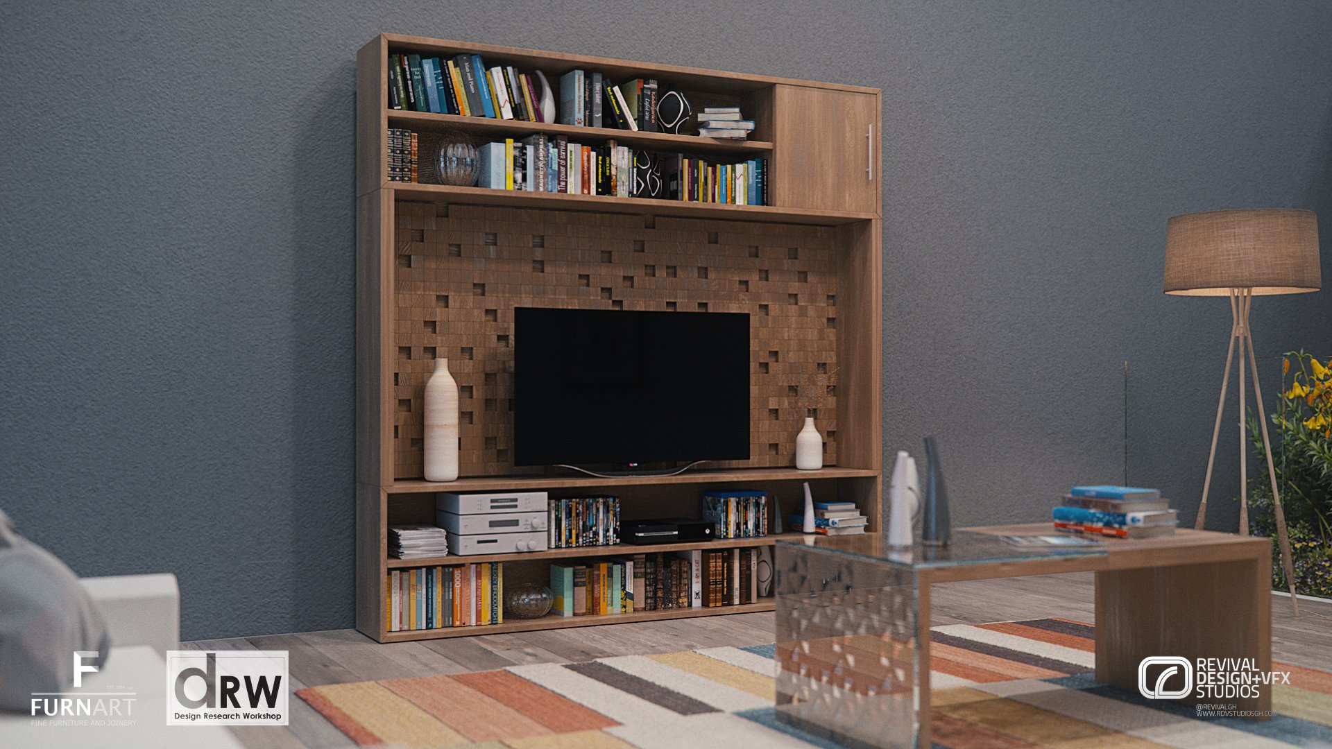 A timber shelving unit with a pegboard back holding a television, books and vases against a grey wall, with the glass coffee table and tripod lamp in front