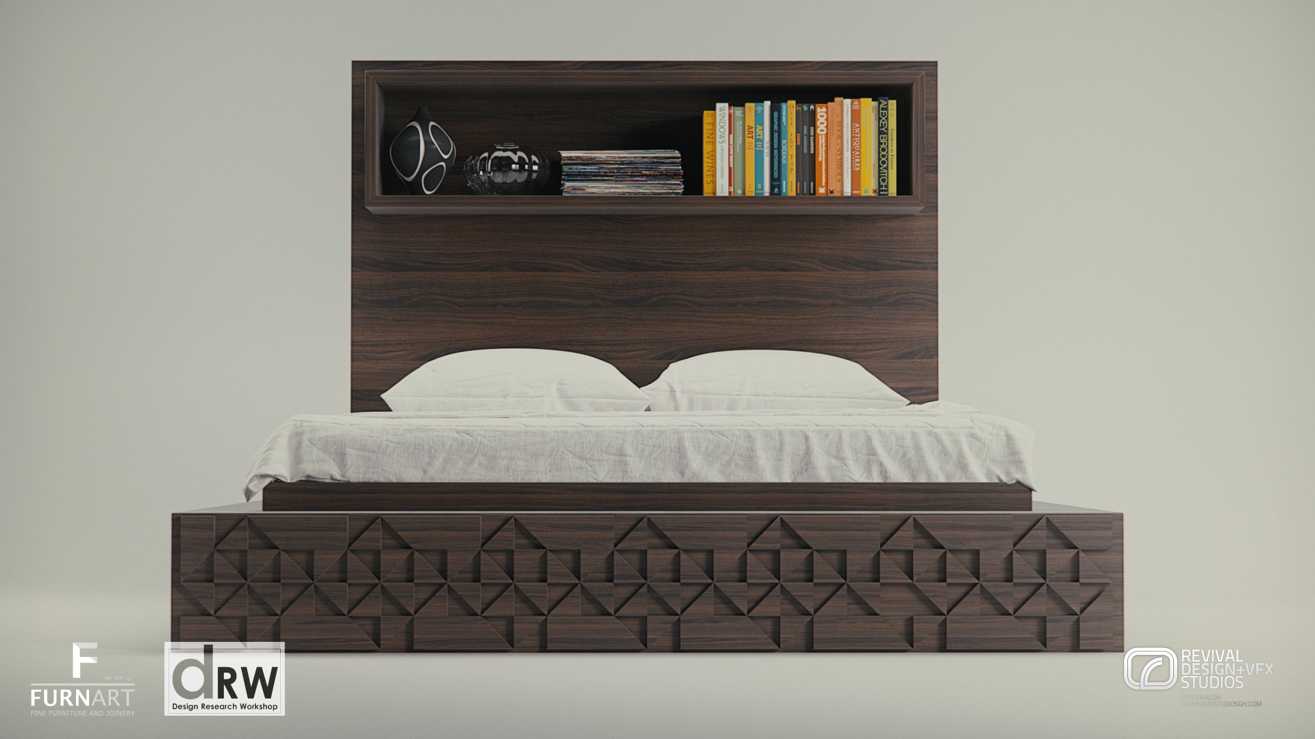 Product study of a bed whose walnut headboard opens into a shelf niche with books, its base wrapped in a pierced geometric pattern