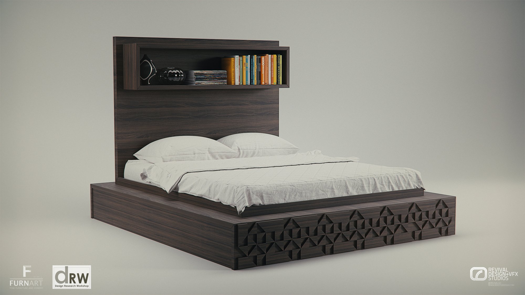 The same headboard-shelf bed seen three-quarter in white bedding on a plain pale ground