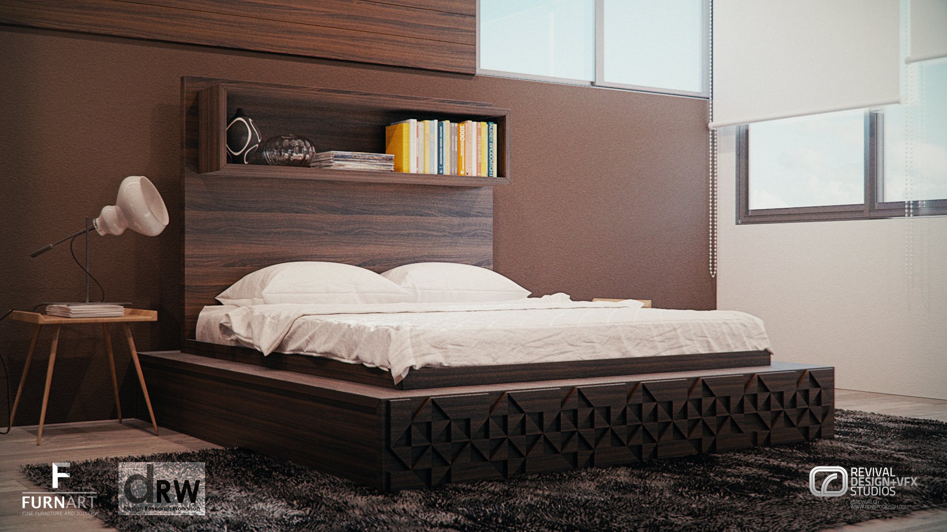 The bedroom in situ: the headboard-shelf bed dressed in white against a walnut wall, with a side table, lamp and clerestory window
