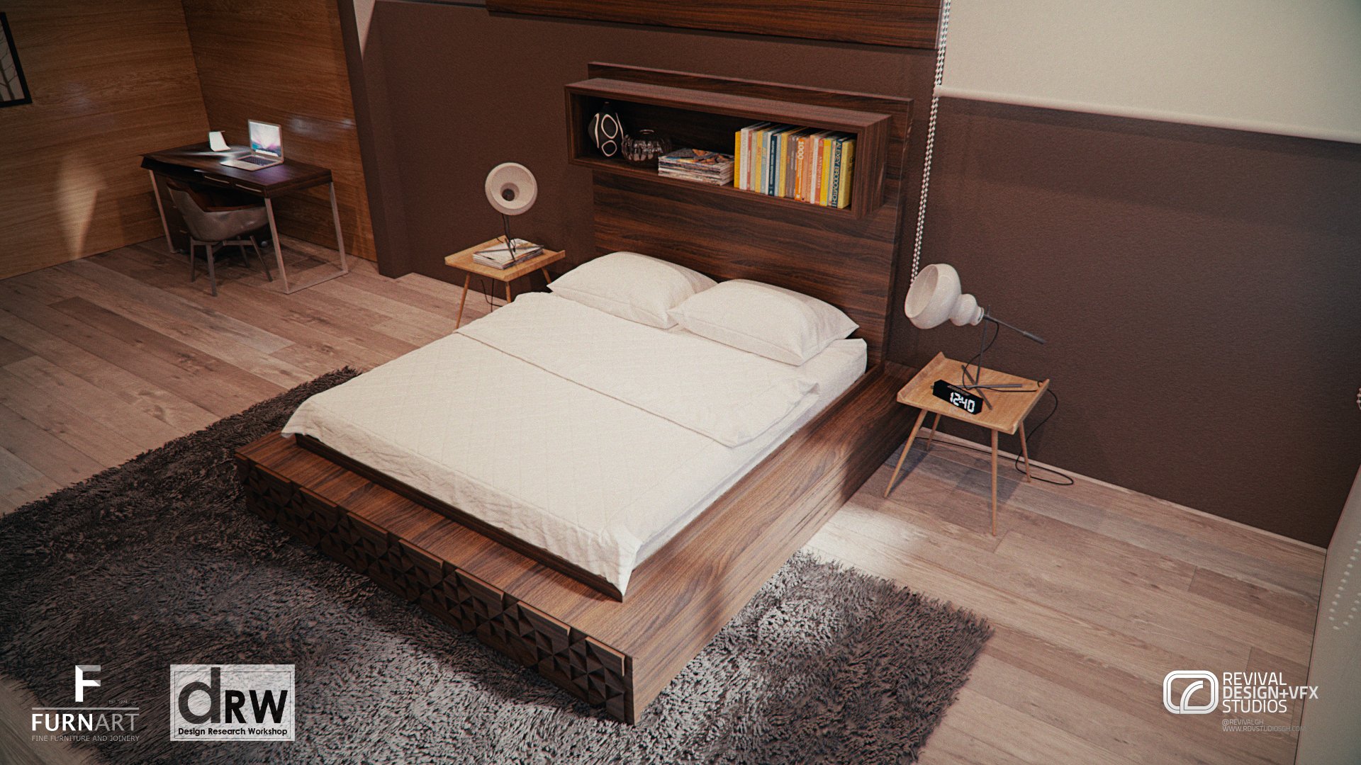 The bedroom from above: the bed between paired side tables with lamps, a desk and chair at the window and a dark rug underfoot