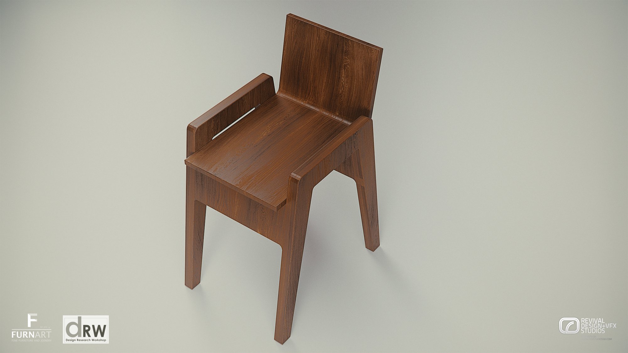 Product study of a walnut armchair with a broad flat arm and splayed legs on a plain pale ground