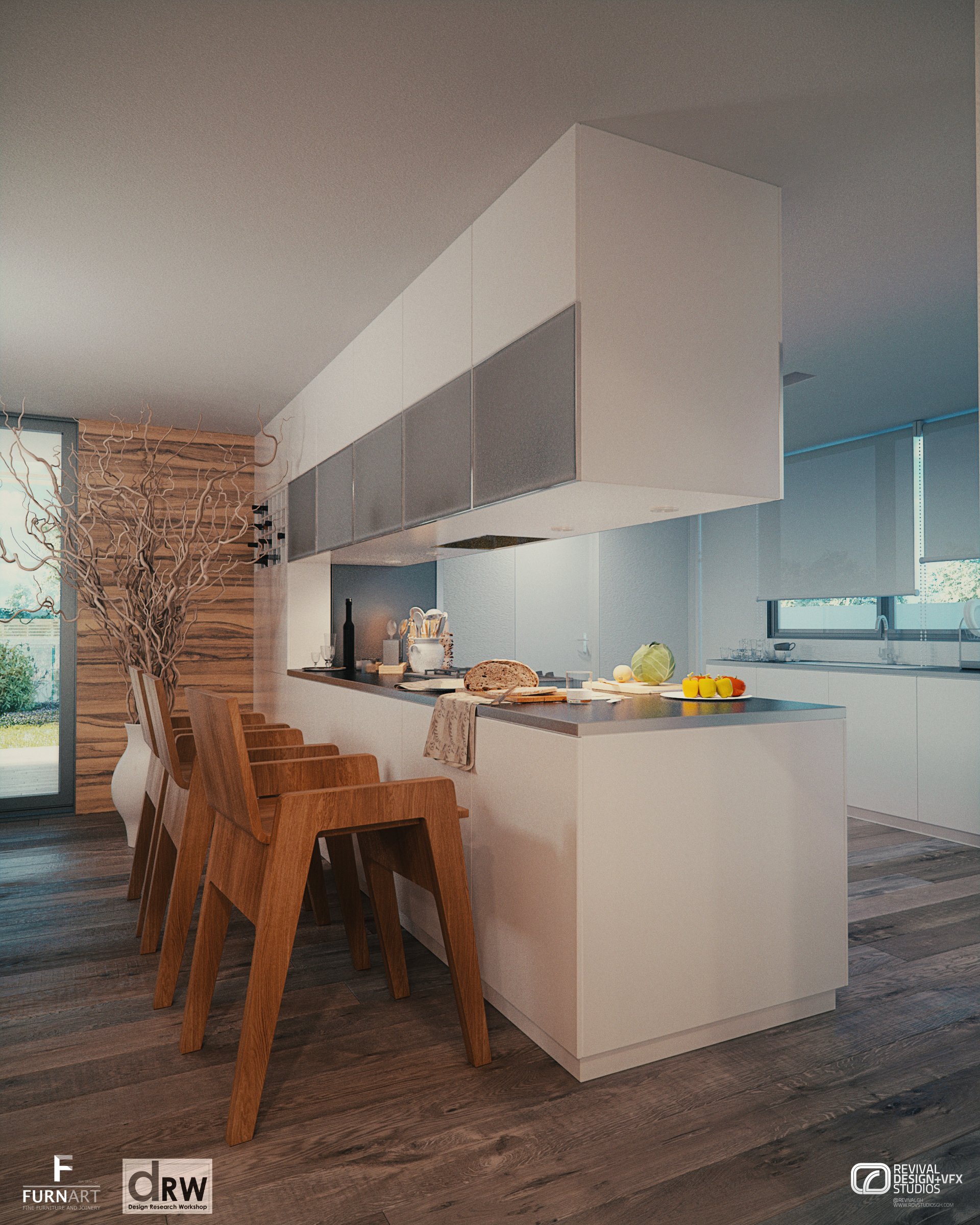 The kitchen: a white island under a grey overhead cabinet band, lined with timber stools on a dark wood floor beside a tall timber-clad wall