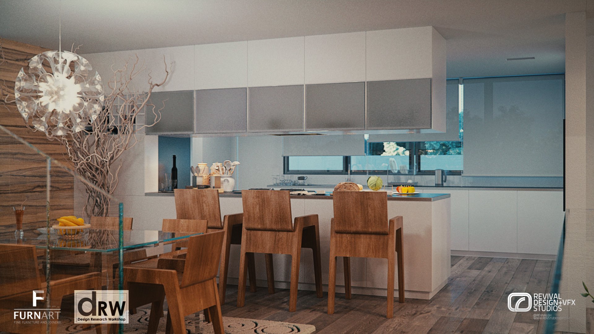 The kitchen and dining area from the opposite side: island stools in the foreground and a glass dining table with timber chairs under a white sculptural pendant