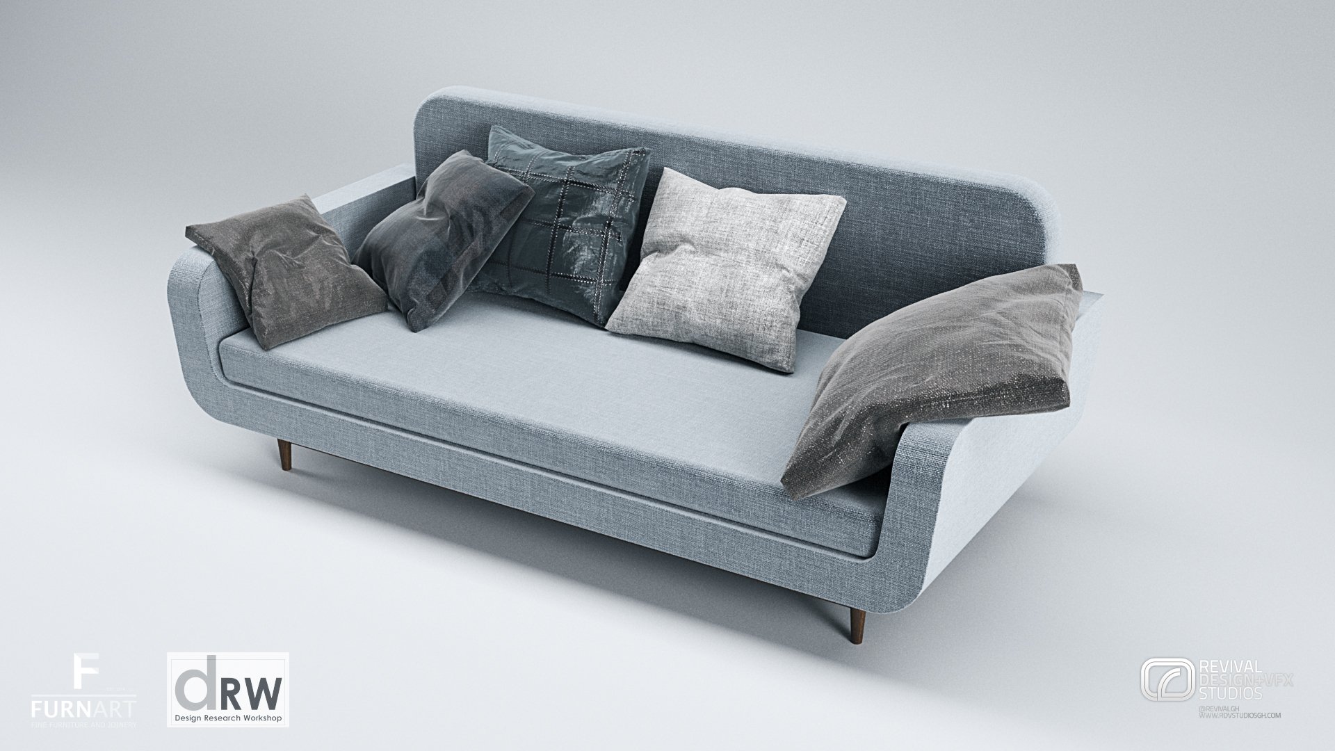 Product study of a three-seat sofa in grey upholstery with loose cushions, seen three-quarter on a plain pale ground